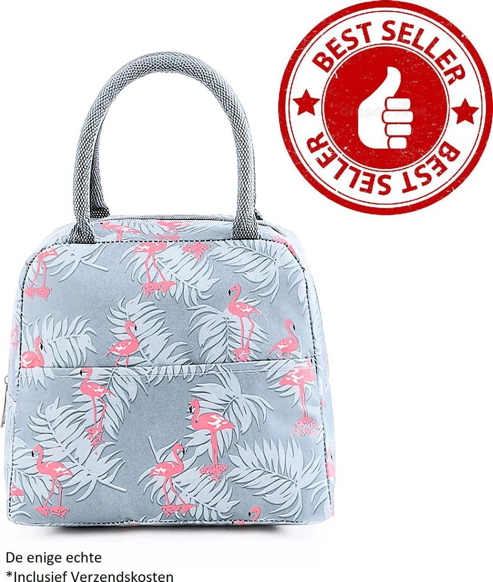 Koeltas - Lunchtas - Volwassenen En Kinderen - Compact & Handig: Zomer - Picknick -School - Lunch - Werk - Grijs Flamingo - Afbeelding 7