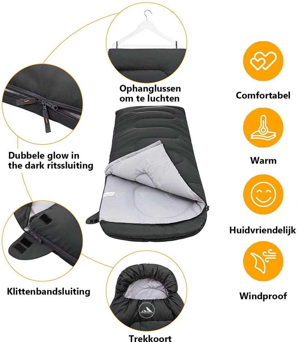HikeMeister Mummy Slaapzak 1600 Gram - Kamperen - Zwart - Ca. 220 X 80 Cm - Met Binnenzak - Comfortzone: 0-15 Graden - Draagtas - Afbeelding 3