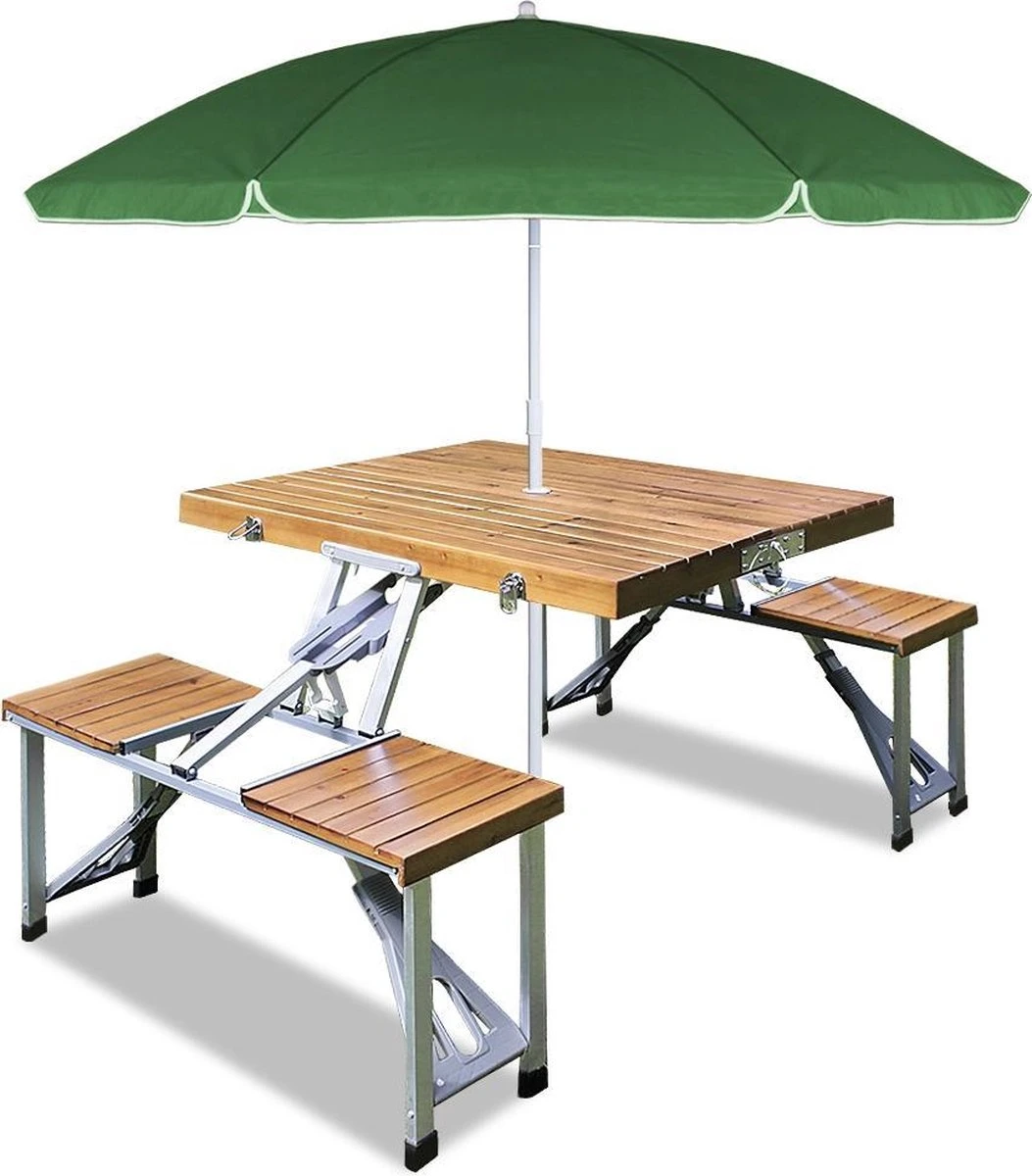 Merkloos Deuba Picknicktafel Campingtafel - Opvouwbaar Voor 4 Personen - Hout En Aluminium - Afbeelding 5