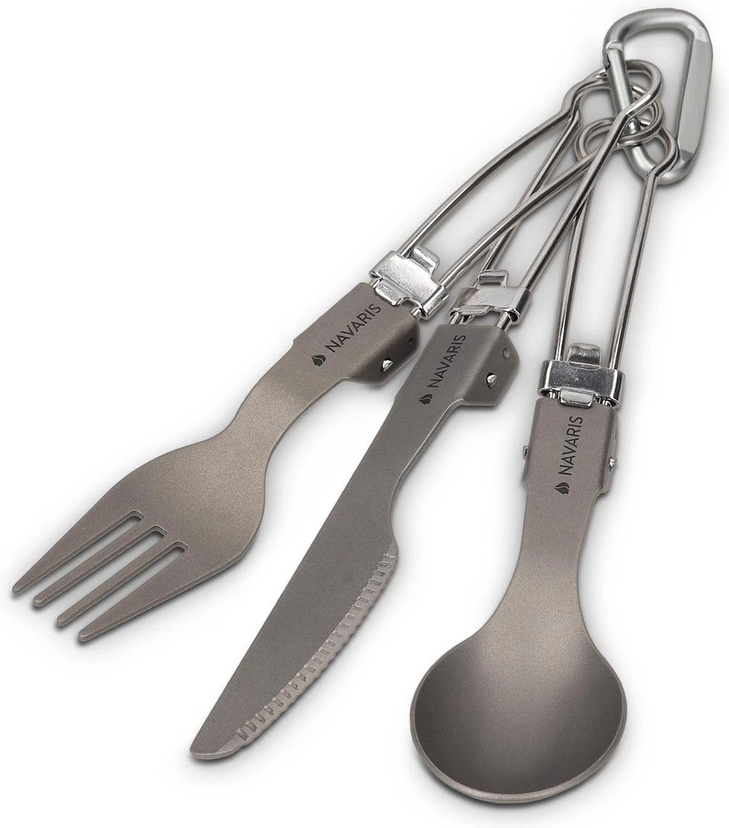 Navaris Campingbestek Van Titanium - Set Met Vork, Mes En Lepel - Inklapbaar - Bestekset Voor Onderweg - Inclusief Karabijnhaak En Bewaarzakje - Afbeelding 8