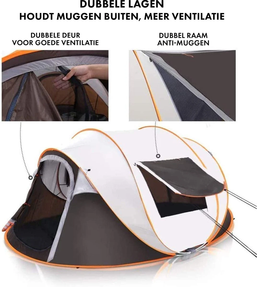 Fly Lab Luxe Pop Up Tent - Kampeer Tent - Grijs/Oranje - 4 Persoons - Afbeelding 3
