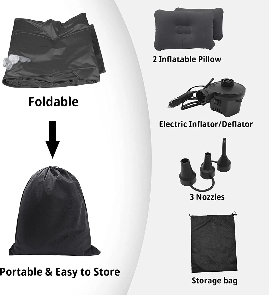 Flightmode - Opblaasbaar Matras Voor Auto, Opblaasbaar Bed, Autostoel, Comfortabel, Met Elektrische Luchtpomp En 3 Adapters, 2 Kussens En Transporttas, Voor Camping, Reizen, Strand - Afbeelding 2