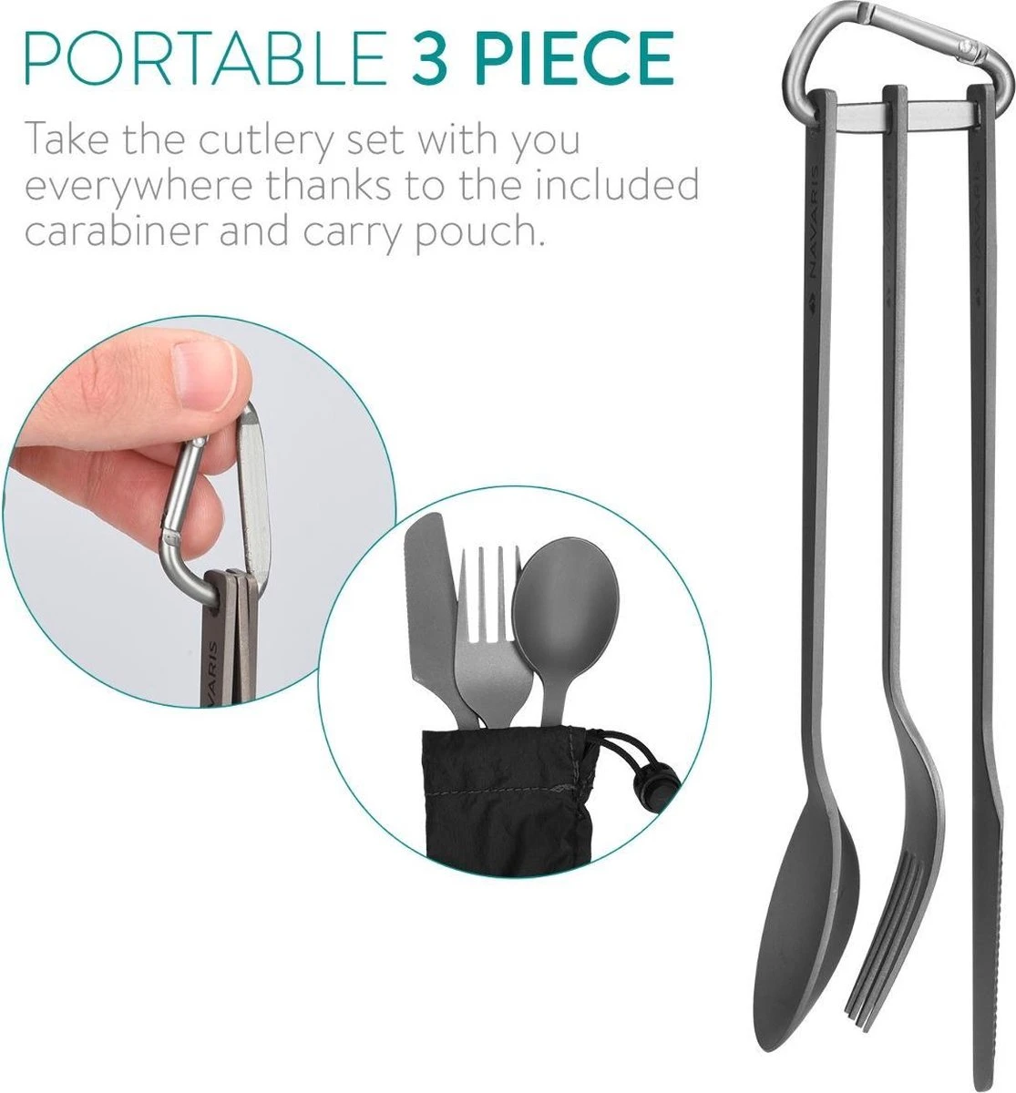 Navaris Campingbestek Van Titanium - Set Met Vork, Mes En Lepel - Bestekset Voor Onderweg En Op Reis - Inclusief Karabijnhaak En Bewaarzakje - Afbeelding 5