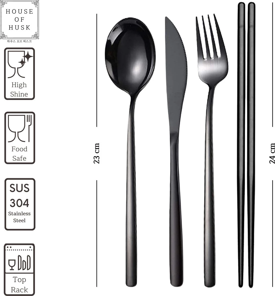 House Of Husk Reisbestek - Reis Bestekset - Chopsticks - Metalen Rietjes Met Borstel - Lepel - Vaatwasserbestendig - RVS - 7 Delig - Zwart - Afbeelding 3