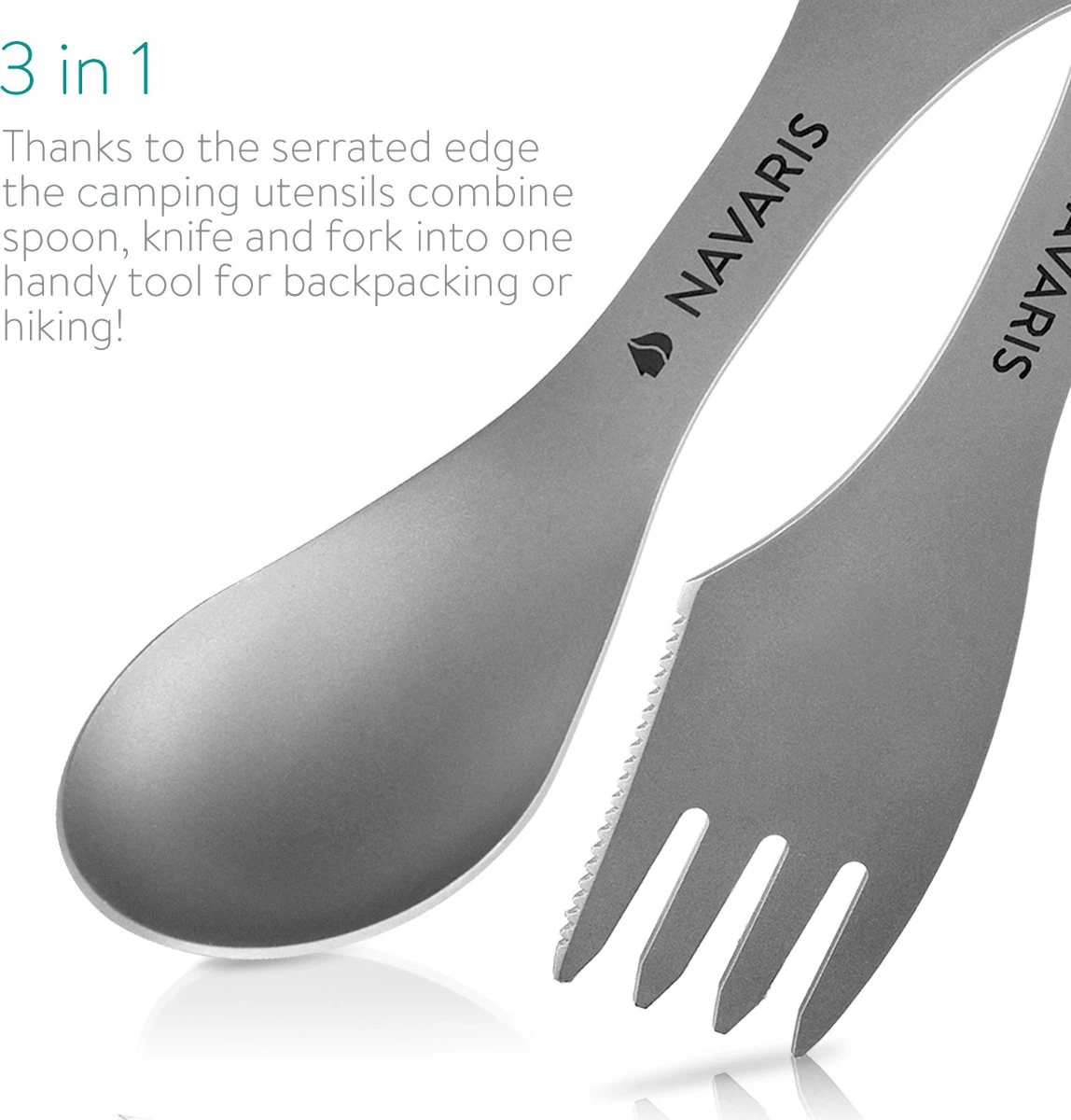 Navaris 2x Spork Titanium Campingbestek - Vork, Mes En Lepel In één - Bestek Voor Onderweg En Op Reis - Lichtgewicht - Inclusief Bewaarzakje - Afbeelding 6