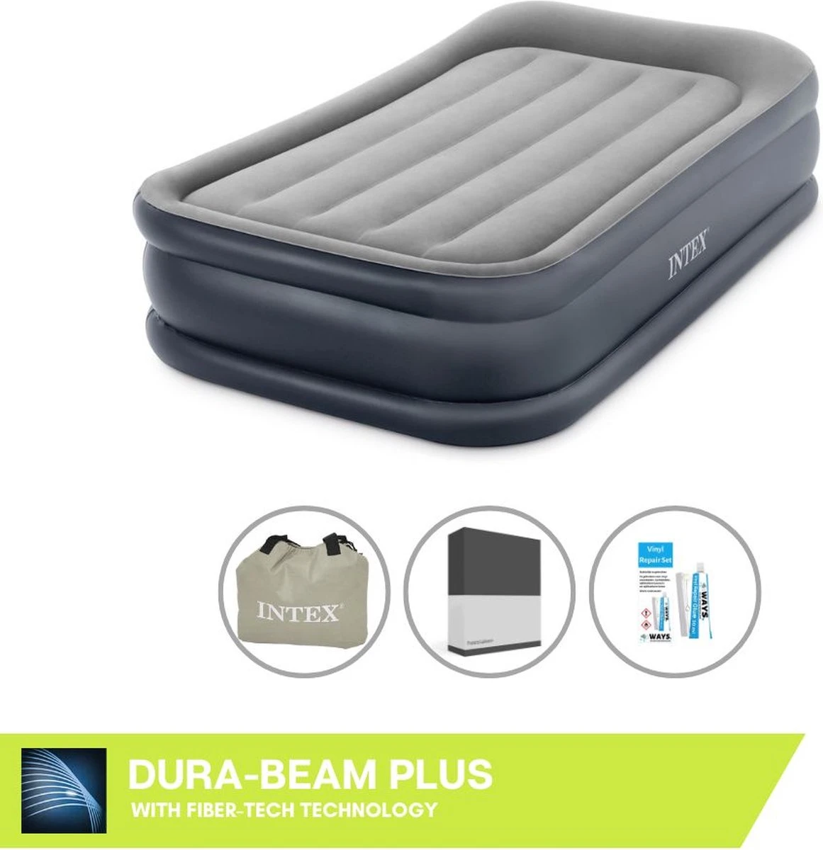 Intex Luchtbed - 1-Persoons - 99 X 191 X 42 Cm - Grijs - Met Pomp, Hoeslaken Zwart En Reparatieset