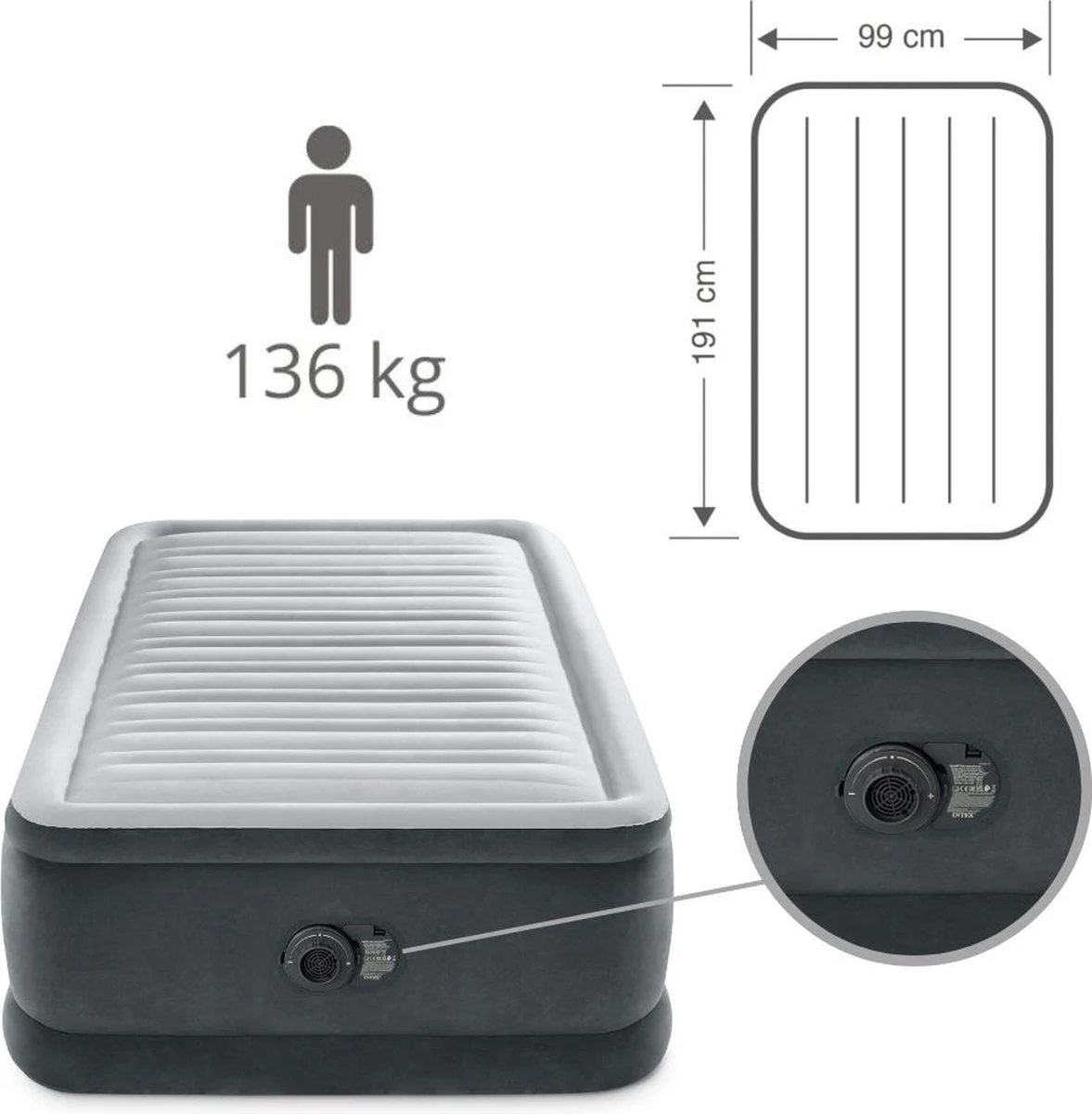 Intex Luchtbed - 1-Persoons - 99 X 191 X 46 Cm - Grijs - Met Ingebouwde Pomp, Hoeslaken Wit En Reparatieset - Afbeelding 9