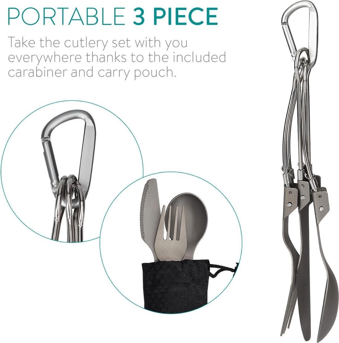Navaris Campingbestek Van Titanium - Set Met Vork, Mes En Lepel - Inklapbaar - Bestekset Voor Onderweg - Inclusief Karabijnhaak En Bewaarzakje - Afbeelding 5