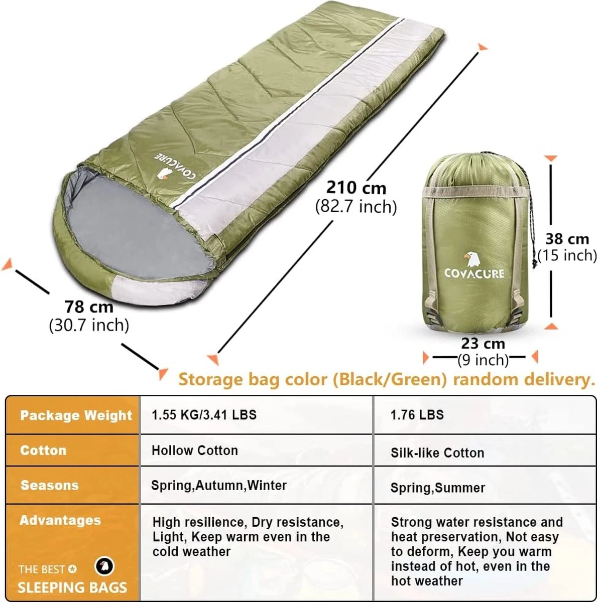COVACURE 1.5/0.8kg Slaapzak, 3 Seizoenen Ultra Warm & Lichtgewicht Slaapzak Voor Volwassenen, Envelop Compacte Outdoor Slaapzakken Met Draagbare Compressie Tas Voor Camping, Rugzakken, Wandelen... - Afbeelding 4