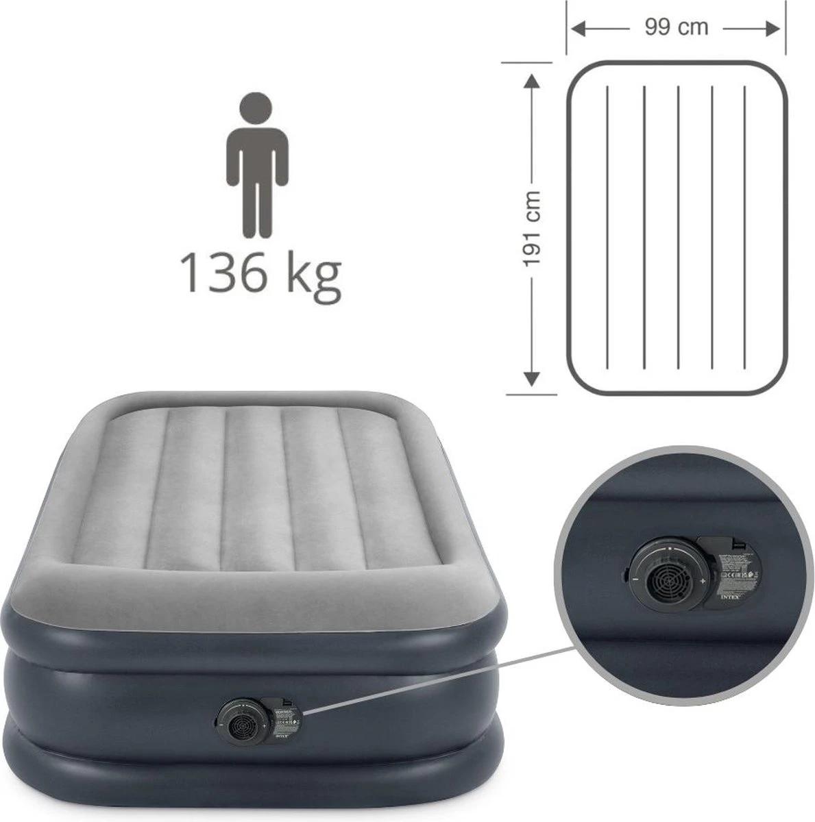 Intex Luchtbed - 1-Persoons - 99 X 191 X 42 Cm - Grijs - Met Pomp, Hoeslaken Zwart En Reparatieset - Afbeelding 6