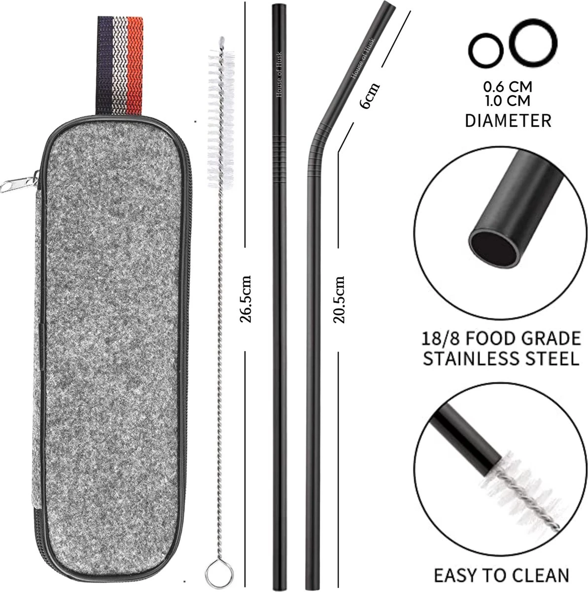 House Of Husk Reisbestek - Reis Bestekset - Chopsticks - Metalen Rietjes Met Borstel - Lepel - Vaatwasserbestendig - RVS - 7 Delig - Zwart - Afbeelding 4