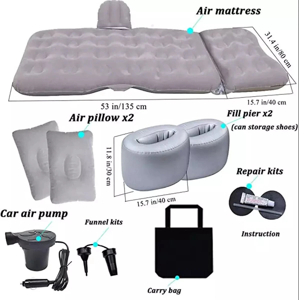 Sophie's Planet® - Auto Luchtbed Met Kussens En Pomp (Grijs) - Auto Matras - Achterbank Matras - Autobed - Car Matress - Comfortabel In De Auto Slapen - Afbeelding 3