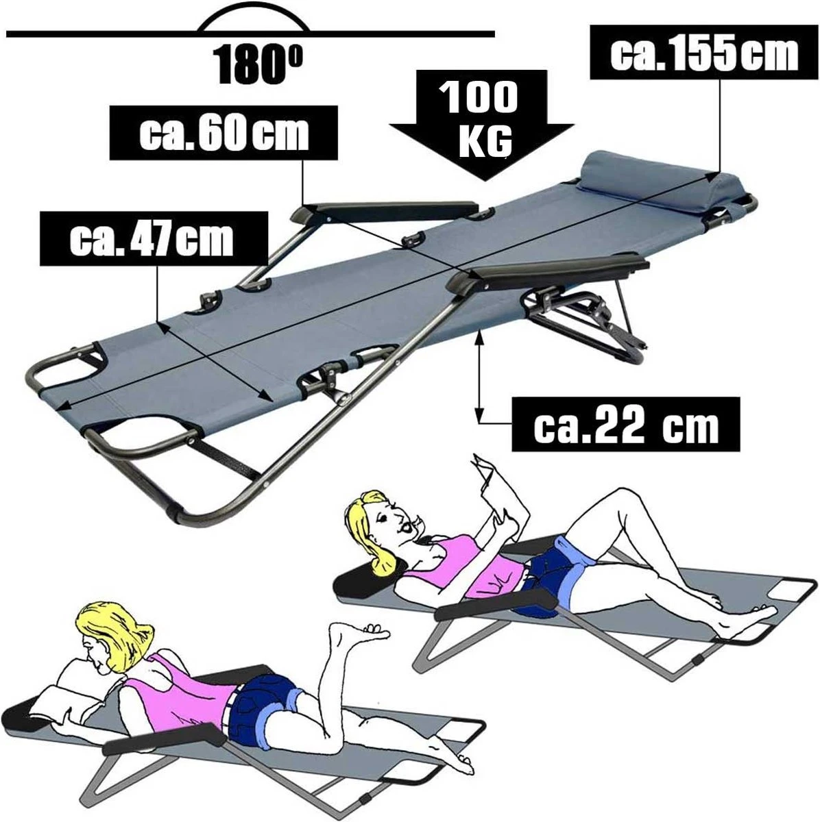 Ligstoel Opvouwbaar 155x60cm - Lichte Ligbed Relaxstoel Tuinstoel Campingstoel Strandstoel - Afbeelding 14