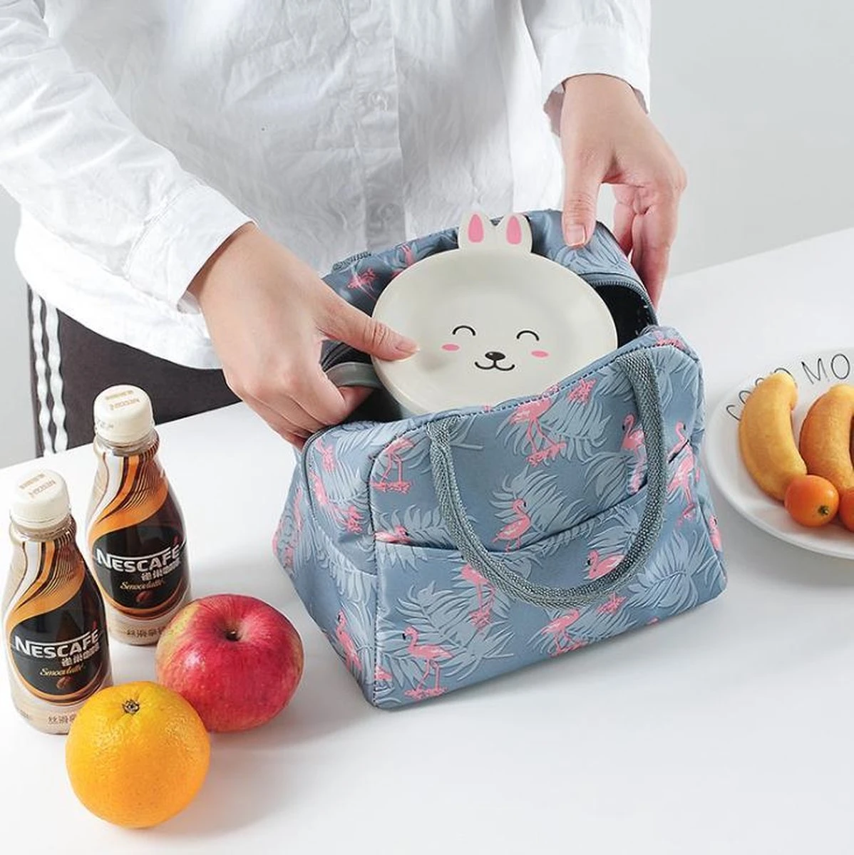 Koeltas - Lunchtas - Volwassenen En Kinderen - Compact & Handig: Zomer - Picknick -School - Lunch - Werk - Grijs Flamingo - Afbeelding 11