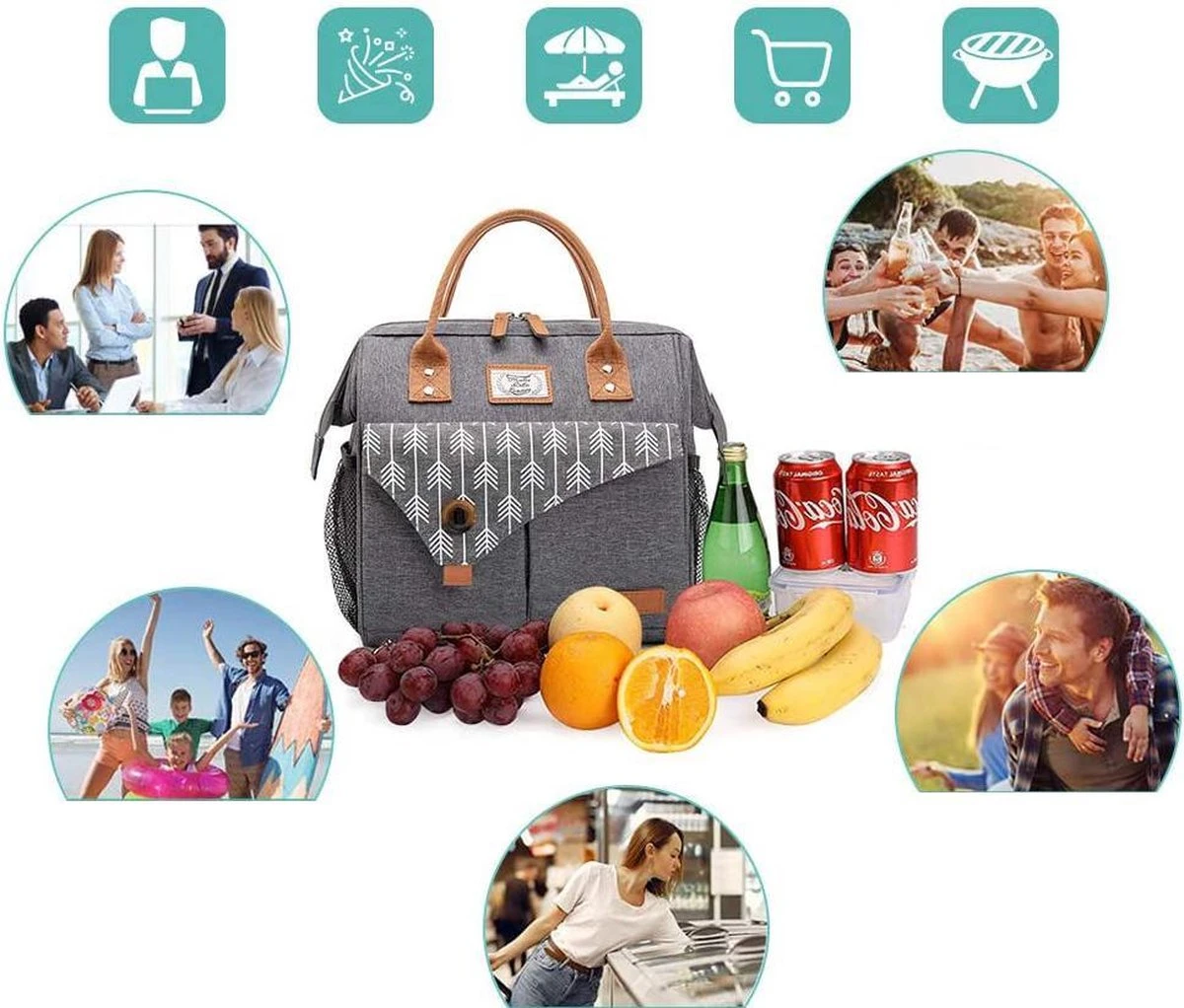 HN® Lunchtas Grijs Pijlen, Geïsoleerde Koeltas, Lekvrij, Extra Grote Opening Voor De Lunch Box, 25×16,5×26cm Design Heren En Dames - Afbeelding 4