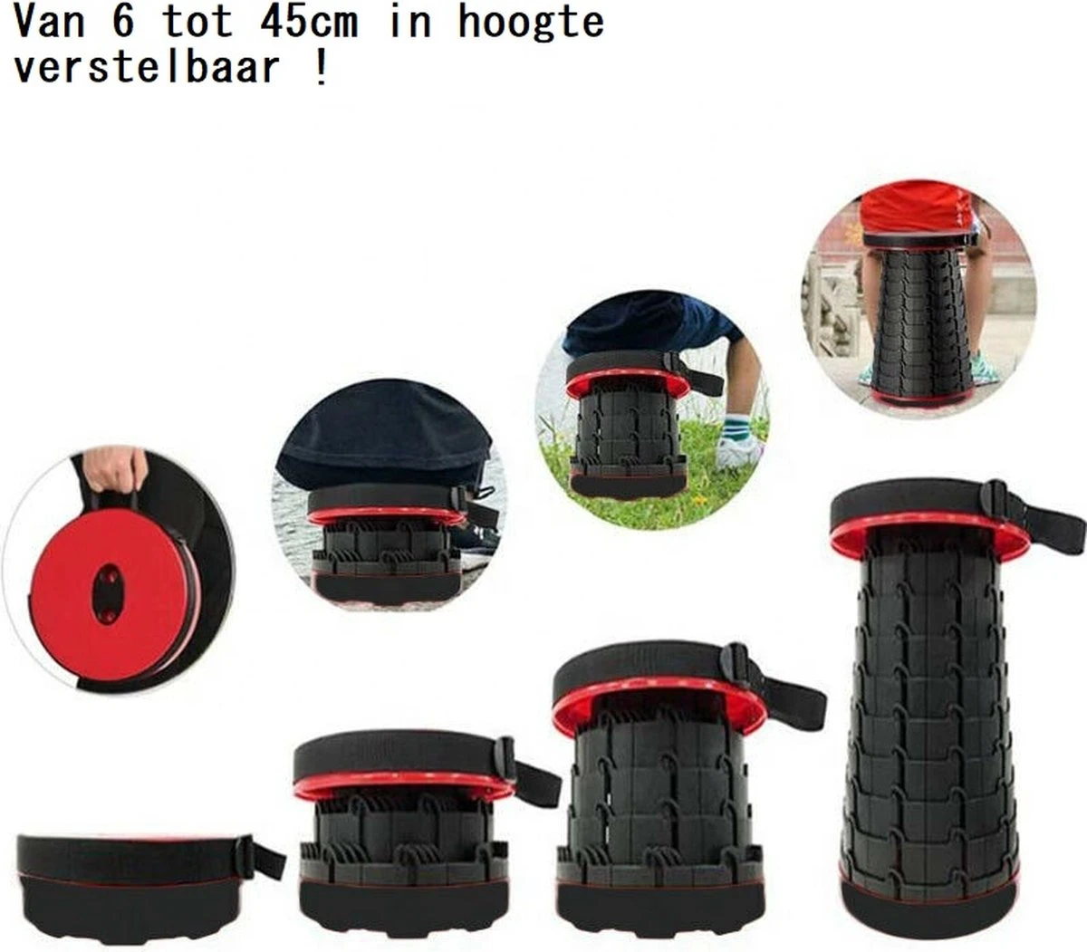Kampeerkruk - Uitschuifbare Kruk - Rood/Zwart- Tot 120 Kg - Travel Stool - Opvouwbare Campingkruk - Inklapbaar Krukje - Telescopische Kruk - Camping - Outdoor - Afbeelding 9