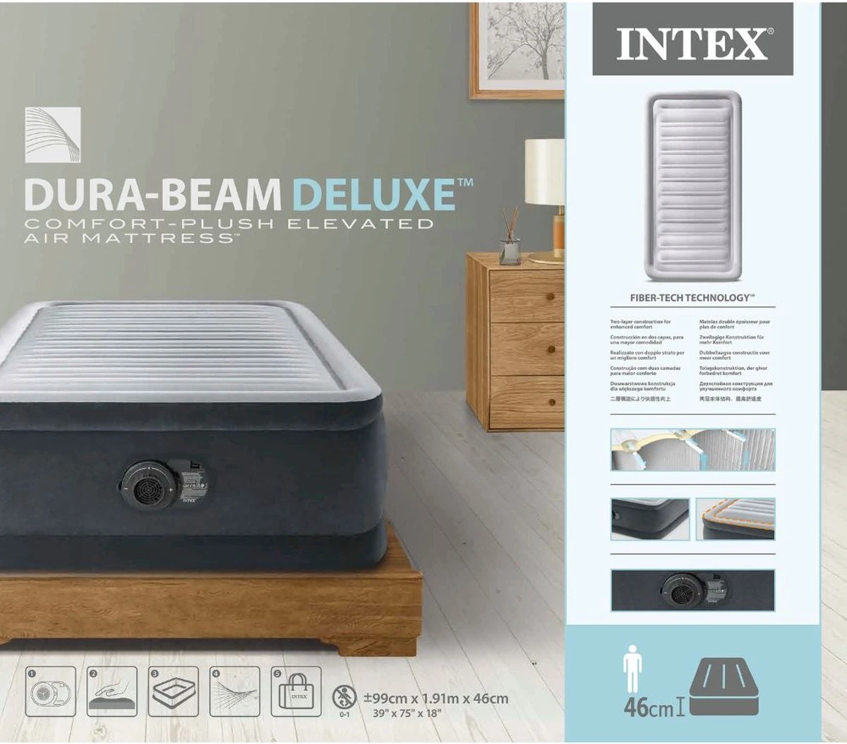 Intex Luchtbed - 1-Persoons - 99 X 191 X 46 Cm - Grijs - Met Ingebouwde Pomp, Hoeslaken Wit En Reparatieset - Afbeelding 5