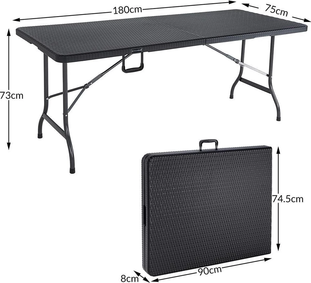 Casaria Tuintafel Opvouwbaar – Met Draaggreep 180x75 Cm – Zwart - Afbeelding 2