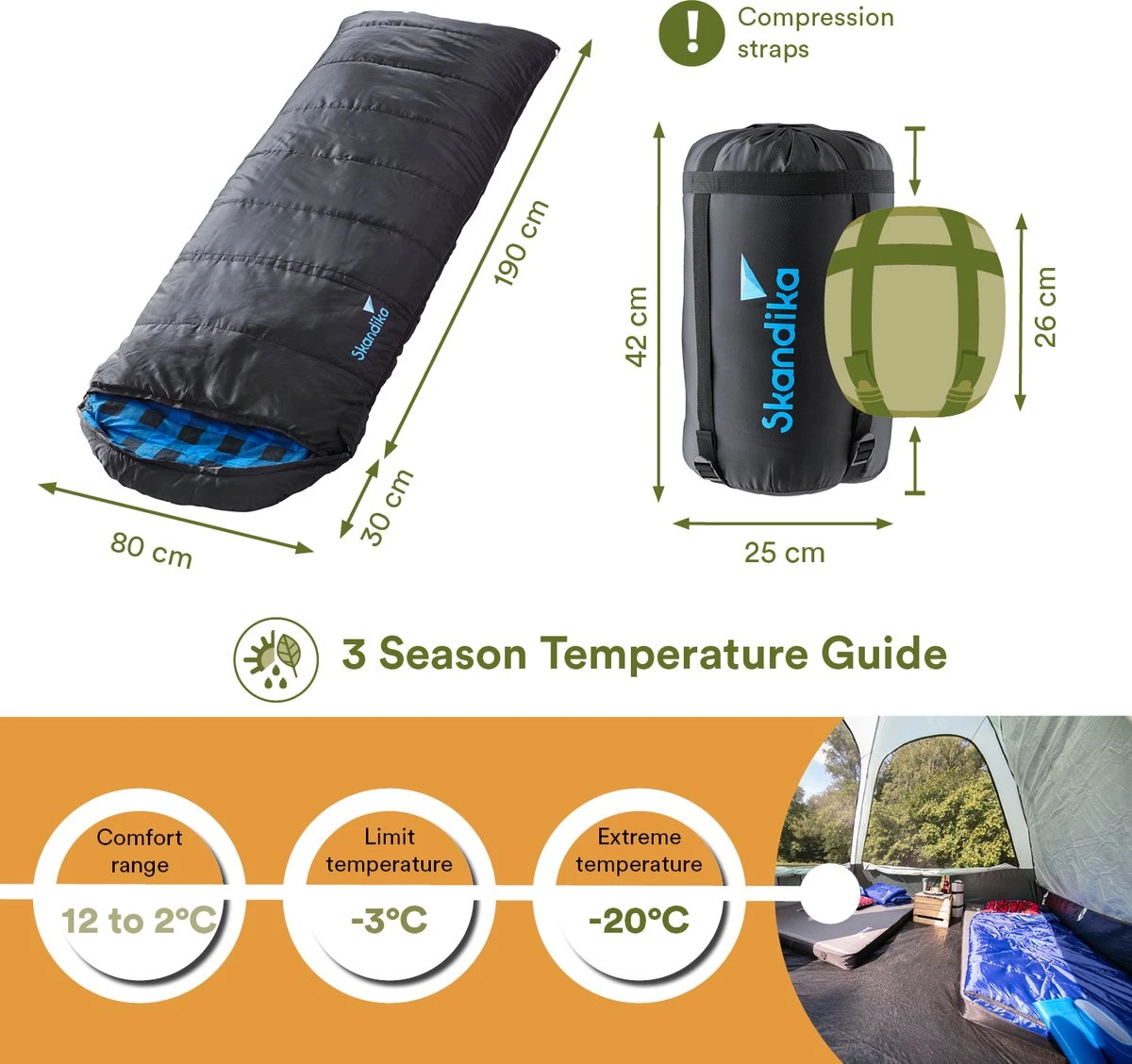 Skandika Dundee Flannel-L Slaapzak – Mummmieslaapzakken – Slaapzakken Volwassen - Maat M – Unisex - Katoen, Luxe Kwaliteit, Dubbele Slaapzak, 3 Seizoenen, Tot -20°C - 220 X 80 Cm - Outdoor Kampeerslaapzak – Ritssluiting Links - Zwart/blauw - Afbeelding 2