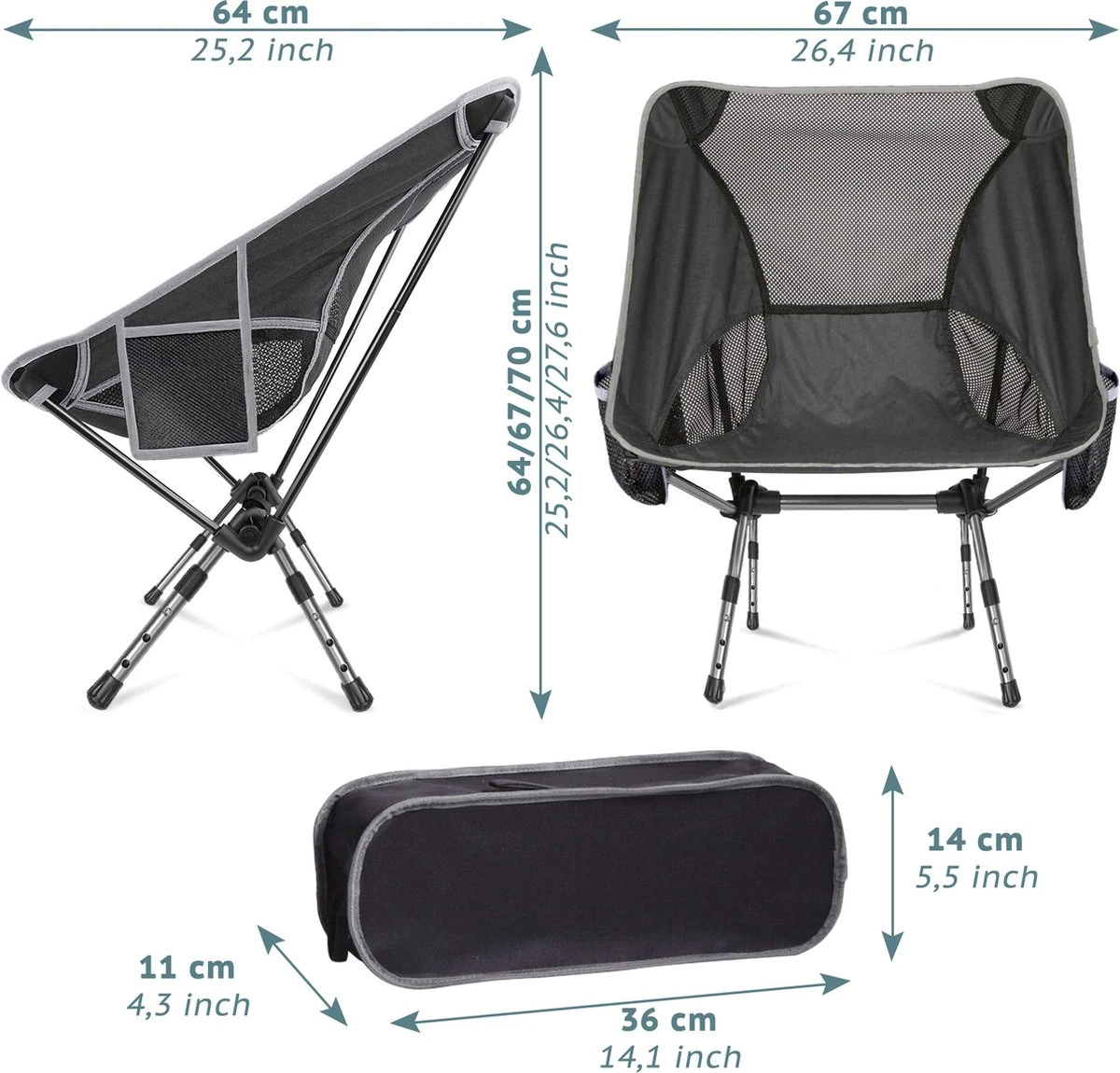 Smartpeas Campingstoel Van Stevig 600D Polyester En Aluminium - Lichtgewicht En Opvouwbaar - Camping Gadget Inclusief Zijzakken +Plus: Strandmat & Draagtas - Afbeelding 6