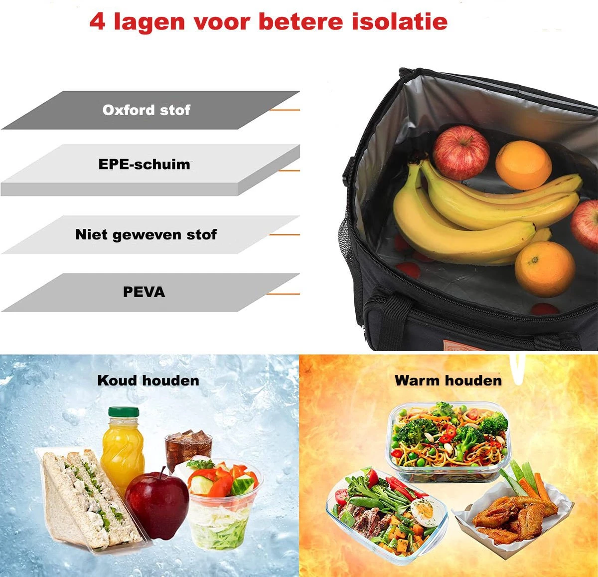 Lunchtas - Koeltas Voor Dames En Heren - Cool Bag - 4 Laags Geïsoleerde Koeltas - Kleine Cooler - Lunch Box - Lunchtas 15 Liter- Zwart - Afbeelding 3