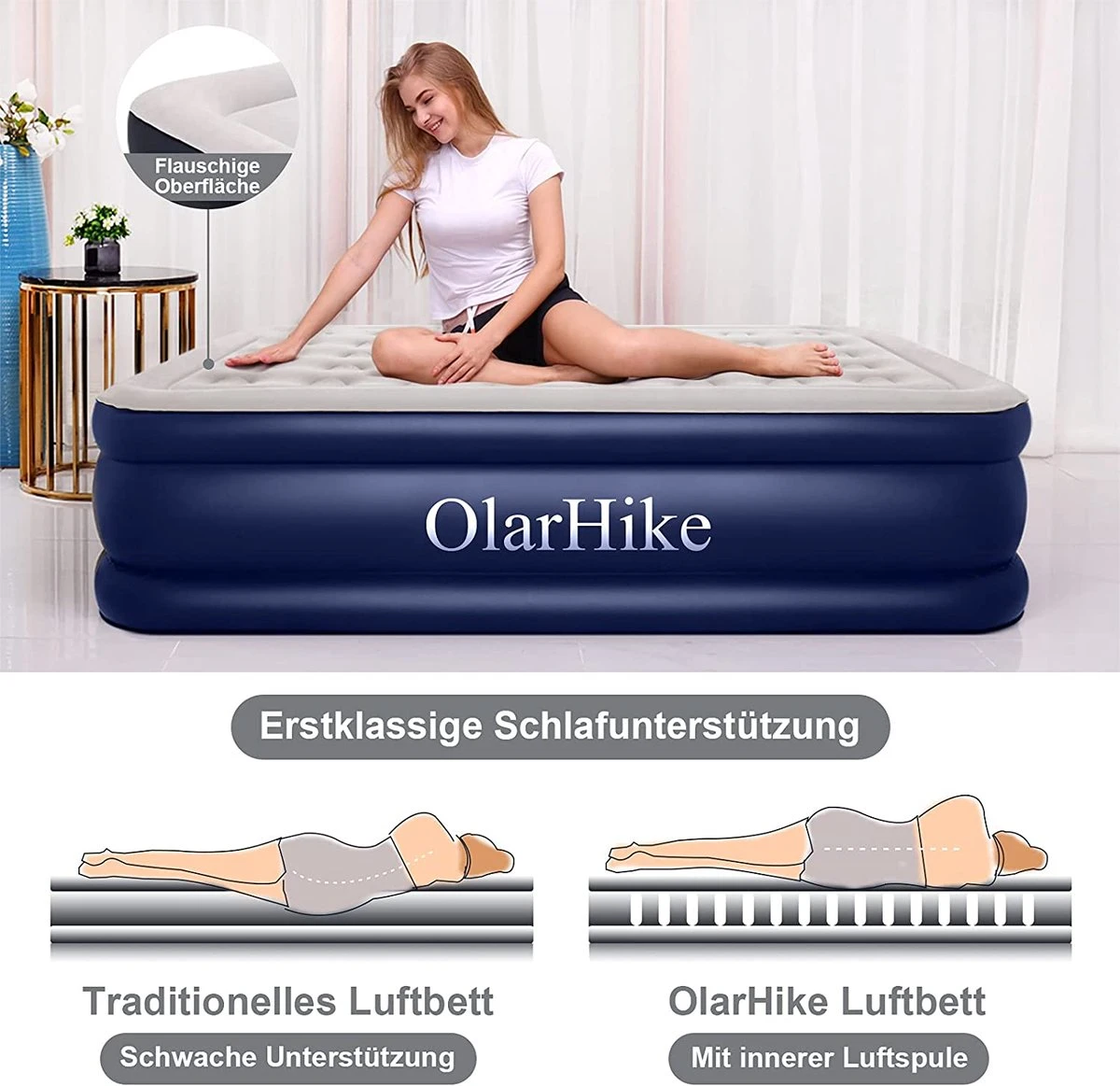 OlarHike Queen Size Luchtmatras Met Geïntegreerde Elektrische Pomp, Zelfopblazend Luchtbed, Voor 2 Personen, Premium Gastenbed, Opblaasbaar Matras Voor Camping Of Thuisgebruik, 203 X 152 X 46 Cm - Afbeelding 4