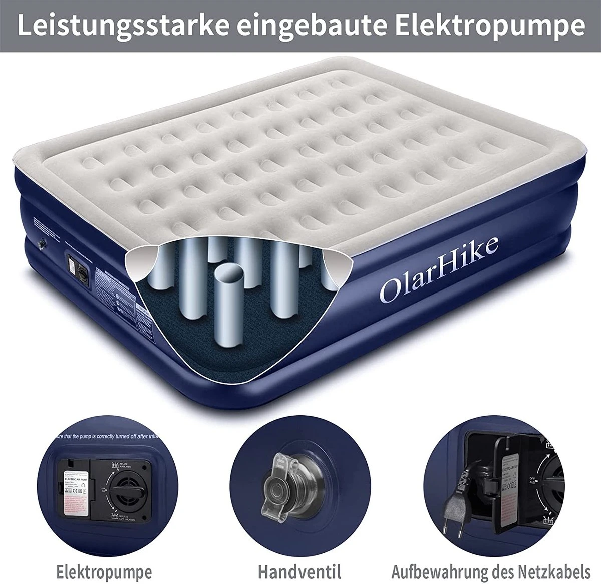 OlarHike Queen Size Luchtmatras Met Geïntegreerde Elektrische Pomp, Zelfopblazend Luchtbed, Voor 2 Personen, Premium Gastenbed, Opblaasbaar Matras Voor Camping Of Thuisgebruik, 203 X 152 X 46 Cm - Afbeelding 2