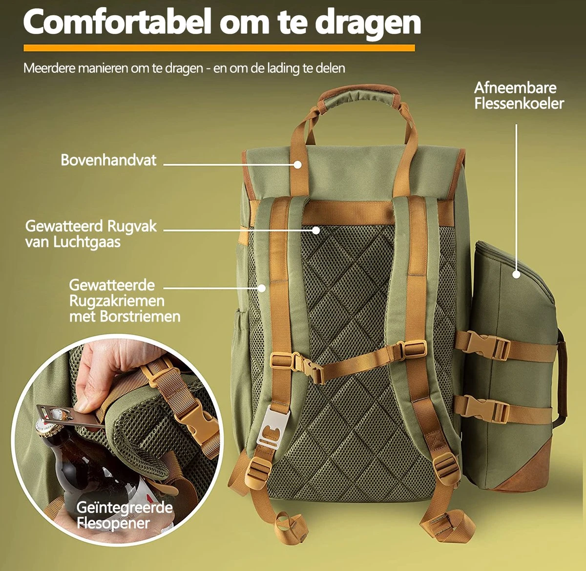 Cabinmax Koeltas - Koelrugzak - Picknick - Picknicktas Met Flessenhouder - Koelrugtas 24L - Olive Green - Afbeelding 3