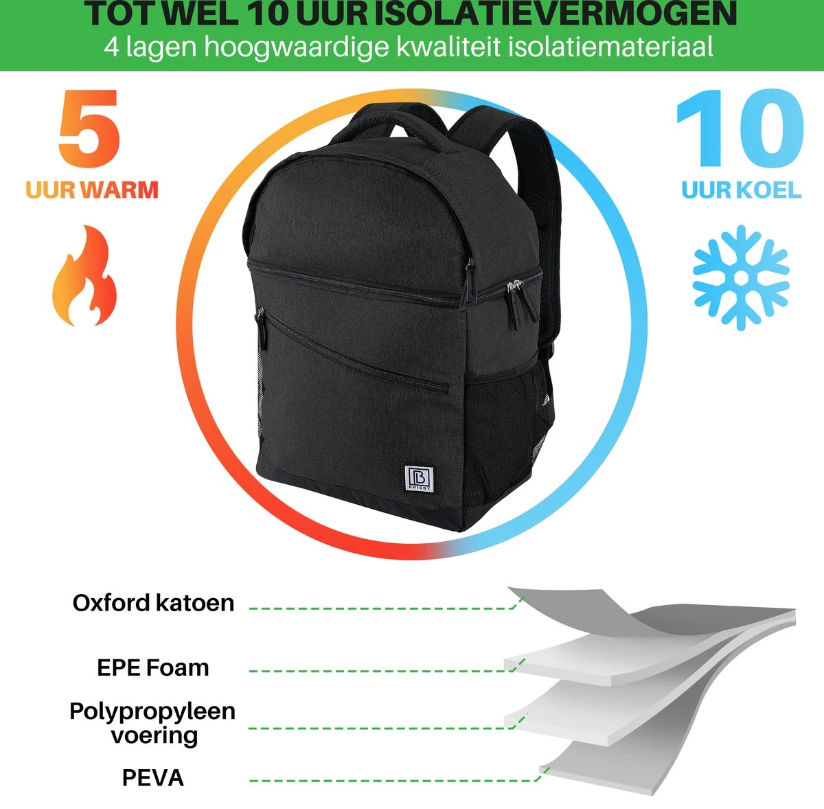 Brisby 4 Laags Geïsoleerde Koeltas Rugzak - 25 Liter - Met Handige Vakken Voor Bestek En Essentials - Waterafstotend Materiaal - Zwart - Afbeelding 8