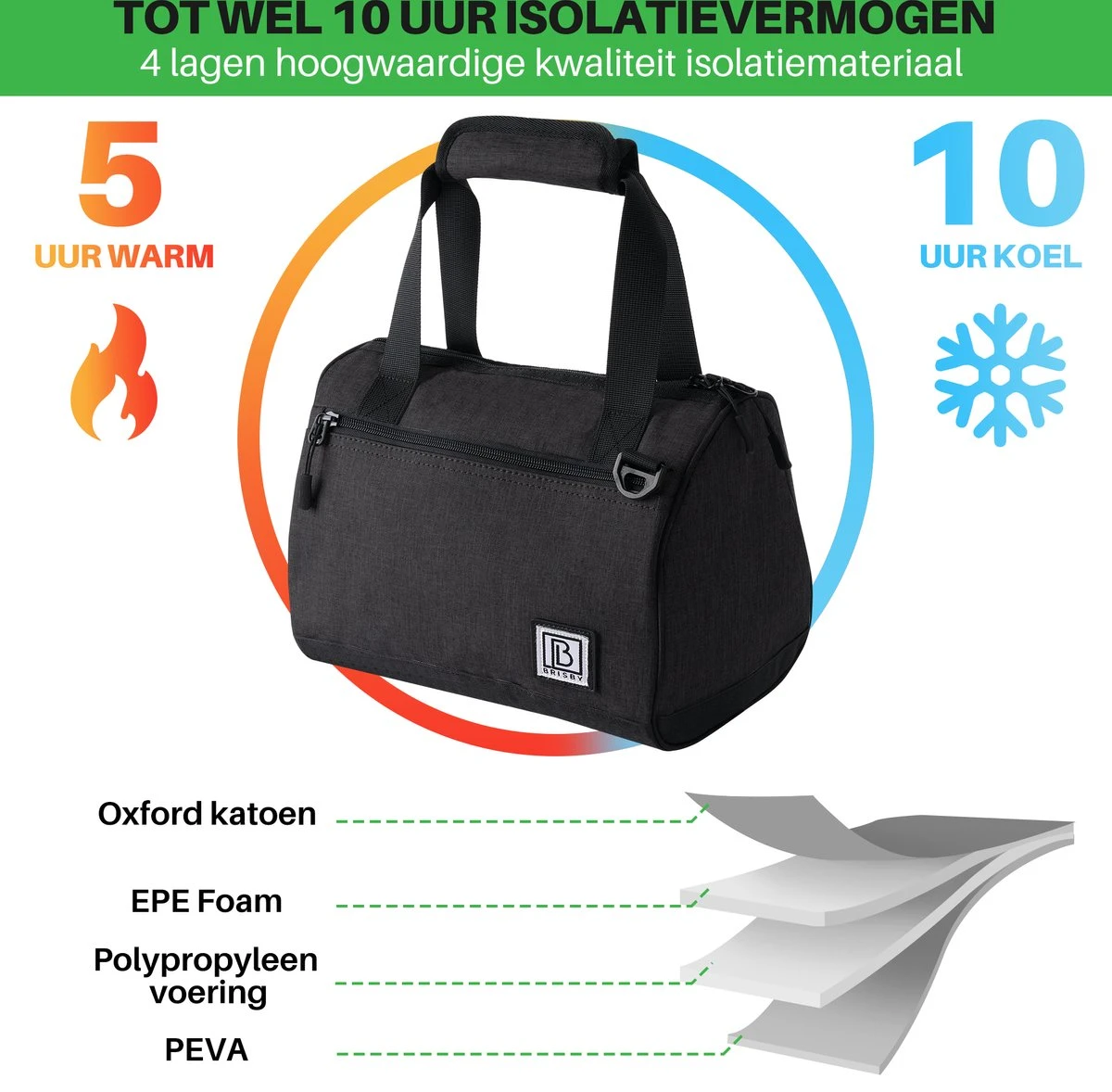 Brisby 4 Laags Geïsoleerde Koeltas - Lunchtas 10 Liter - Zwart - Afbeelding 6