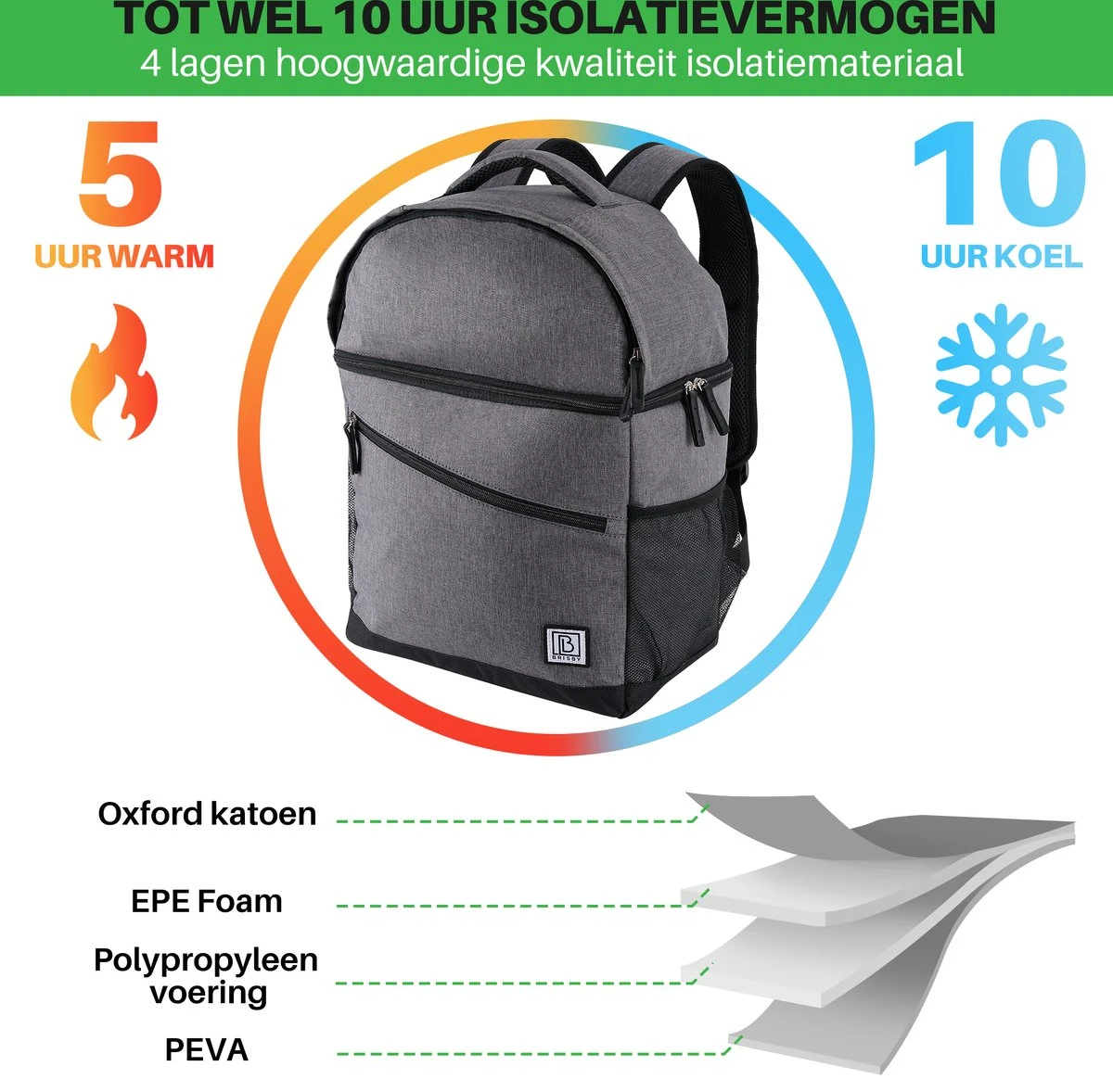 Brisby 4 Laags Geïsoleerde Koeltas Rugzak - 25 Liter - Met Handige Vakken Voor Bestek En Essentials - Waterafstotend Materiaal - Donkergrijs - Afbeelding 7