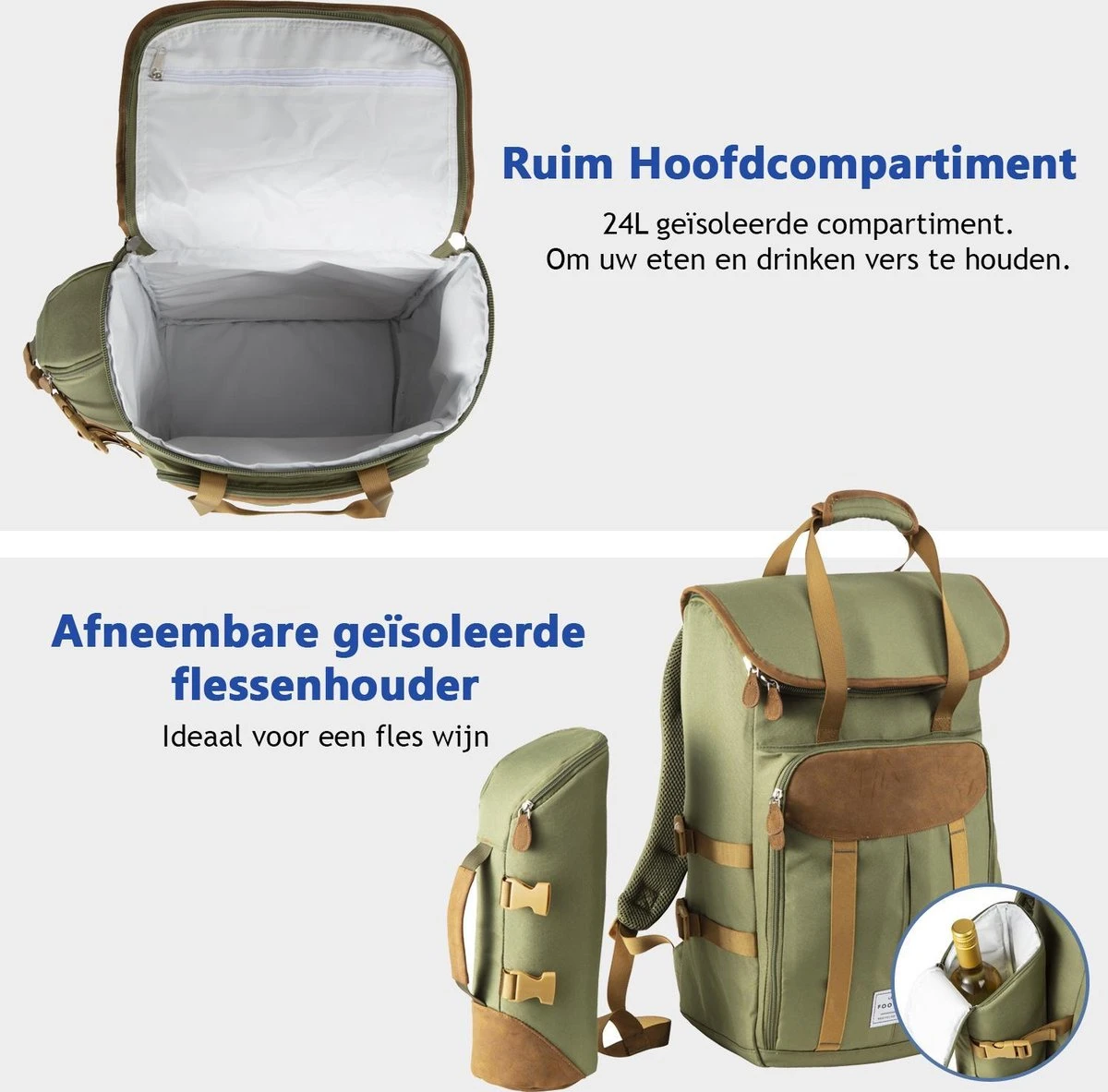 Cabinmax Koeltas - Koelrugzak - Picknick - Picknicktas Met Flessenhouder - Koelrugtas 24L - Olive Green - Afbeelding 9