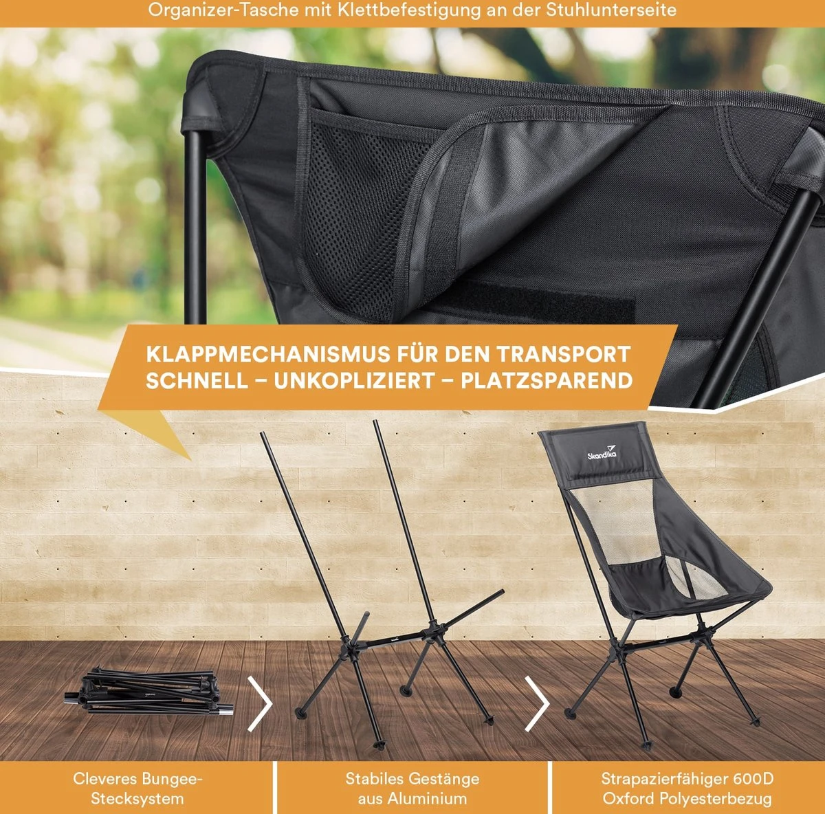 Skandika Campingstoel Compact – Campingstoelen - Campingstoel Tot 150 Kg Belastbaar - Kampeerstoel, Visstoel, Kleine Pakmaat, Opvouwbaar, Stabiel, Licht, Comfortabel Gepolsterd – Draagtas Meegeleverd - Vouwstoel – Zwart - Afbeelding 5