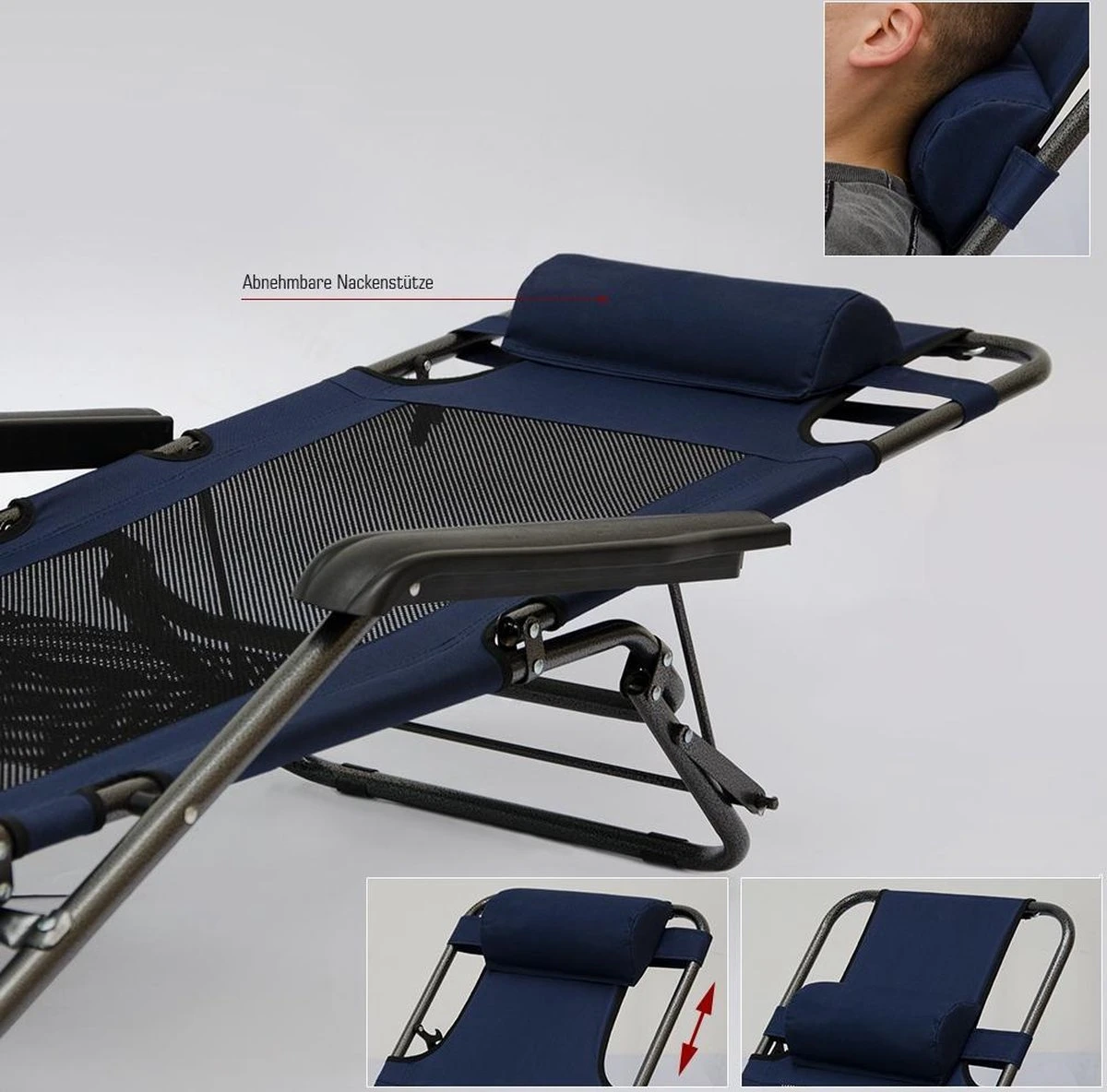 Ligstoel 180x60cm - Opvouwbaar Campingstoel Ligbed Strandstoel Tuinstoel Vouwligstoel Blauw - Afbeelding 12