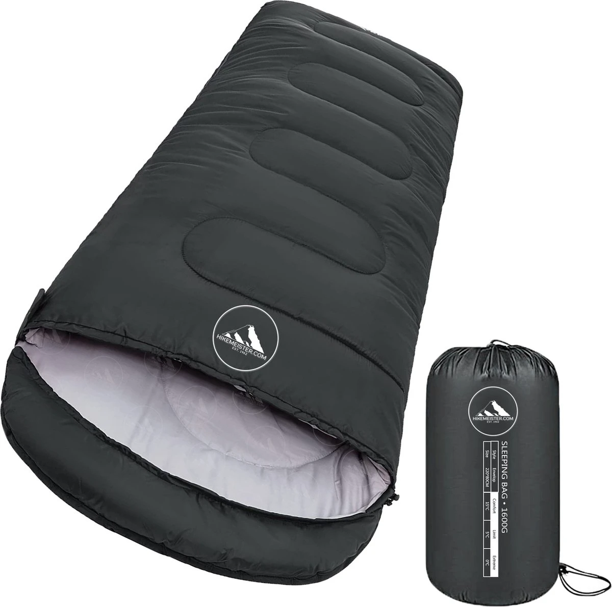 HikeMeister Mummy Slaapzak 1600 Gram - Kamperen - Zwart - Ca. 220 X 80 Cm - Met Binnenzak - Comfortzone: 0-15 Graden - Draagtas