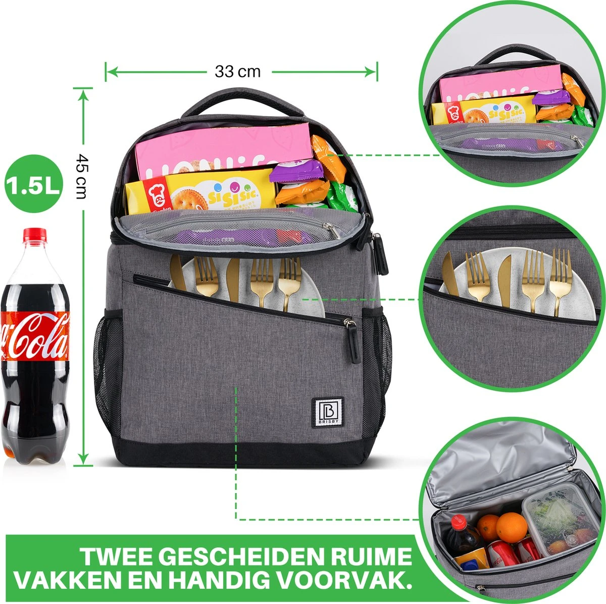 Brisby 4 Laags Geïsoleerde Koeltas Rugzak - 25 Liter - Met Handige Vakken Voor Bestek En Essentials - Waterafstotend Materiaal - Donkergrijs - Afbeelding 4