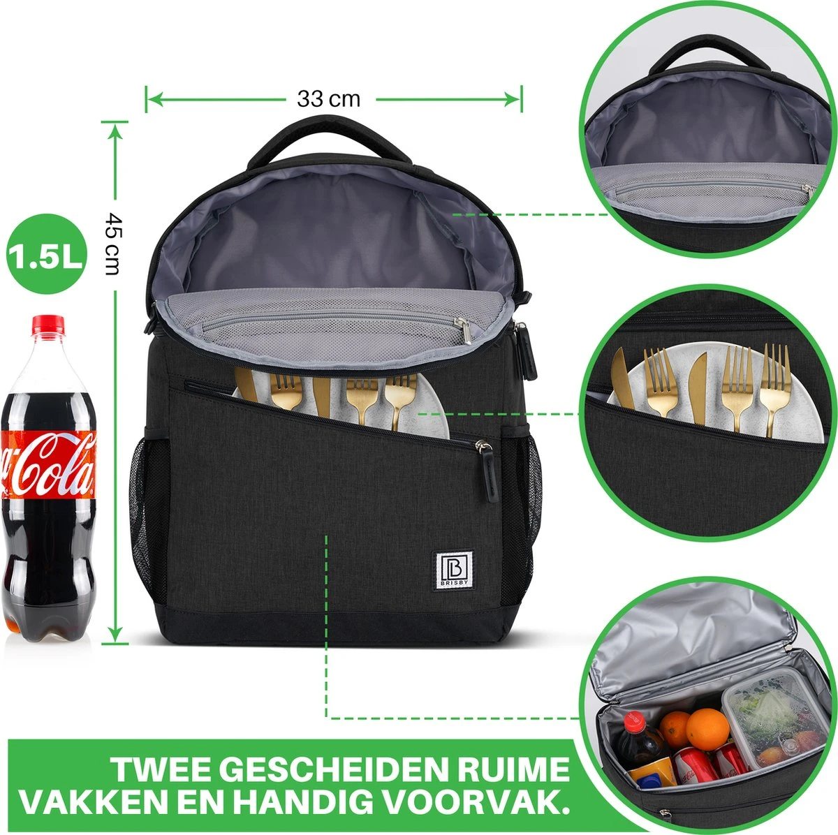 Brisby 4 Laags Geïsoleerde Koeltas Rugzak - 25 Liter - Met Handige Vakken Voor Bestek En Essentials - Waterafstotend Materiaal - Zwart - Afbeelding 4