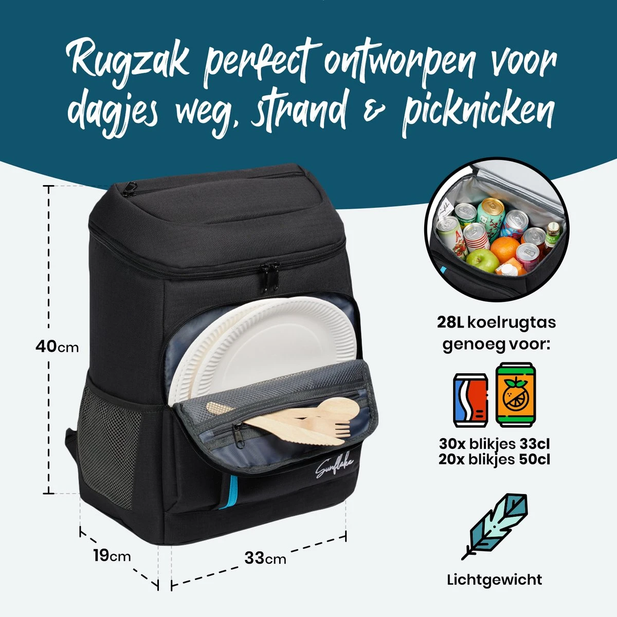 Sunflake Koelrugzak - Lunchtas - Koeltas Backpack Voor Dames & Heren - Zwart - Afbeelding 3