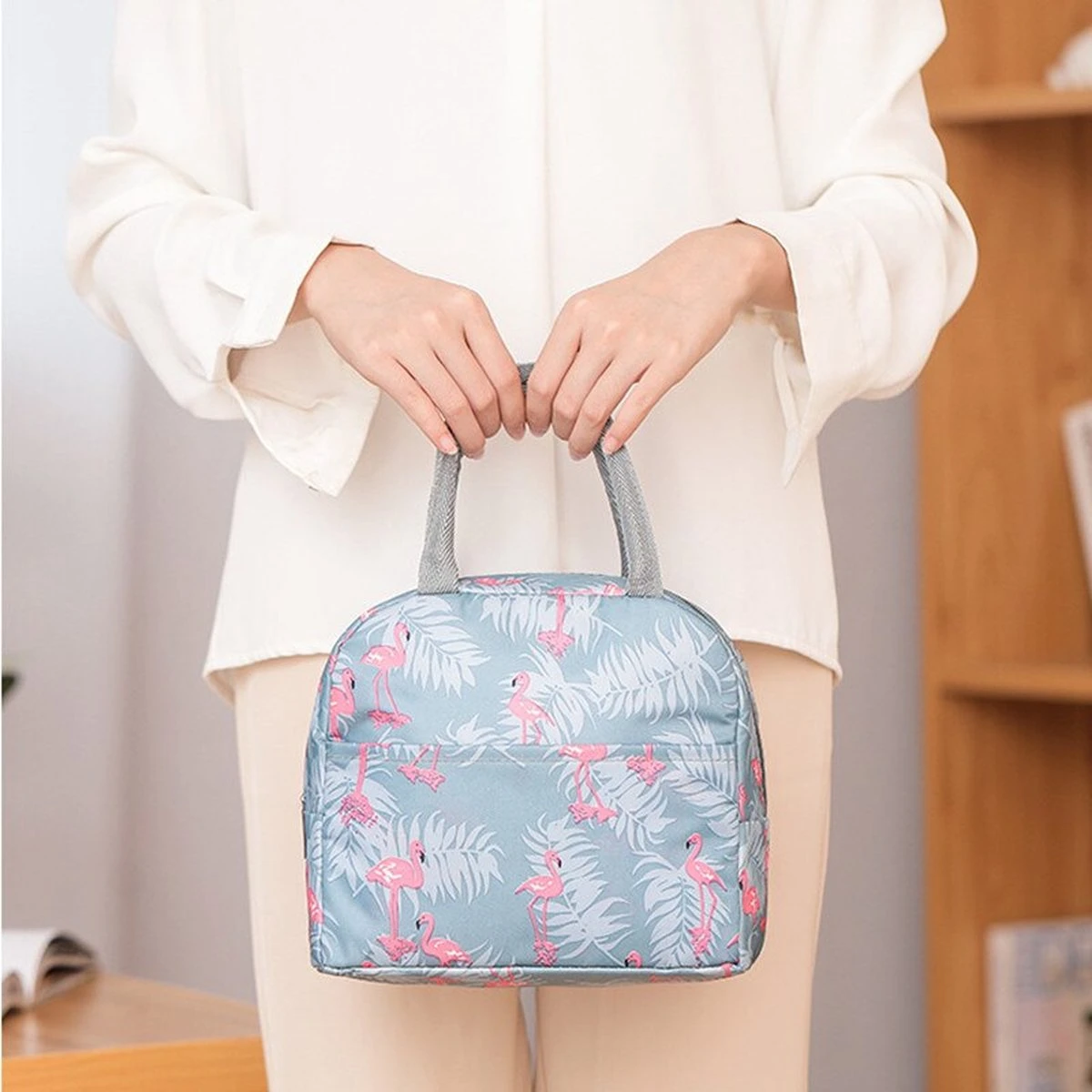 Koeltas - Lunchtas - Volwassenen En Kinderen - Compact & Handig: Zomer - Picknick -School - Lunch - Werk - Grijs Flamingo - Afbeelding 2