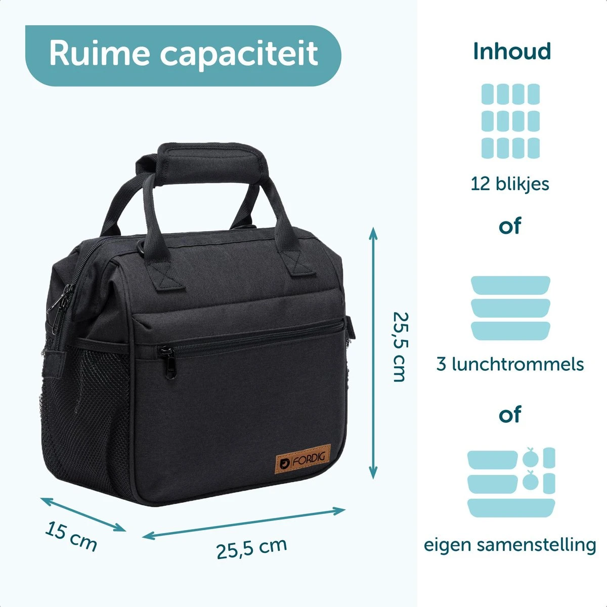 ForDig Lunchtas Zwart - Koeltas Gemaakt Van 600D Polyester Met PEVA-Voering - Ruimte Voor Lunchtrommel / Snacks / Blikjes - Koel Tas Met Mesh Opbergruimtes En Ruimte Voor Bestek - Lunch Tas Cool Bag - Coolerbag - Kleine Cooler - Afbeelding 4