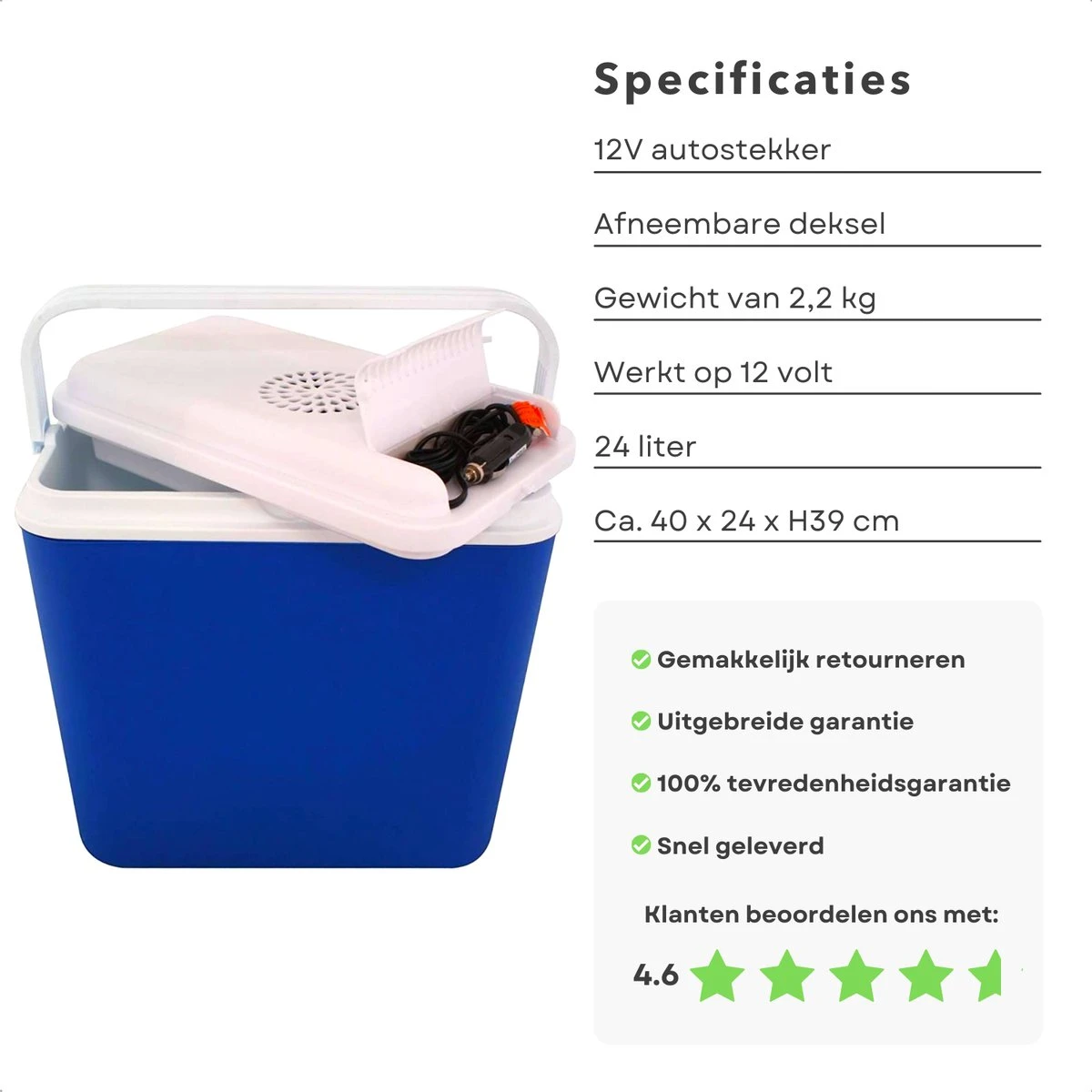 Cheqo® Elektrische Koelbox Voor Auto - 12V - 24L - Blauw - Autostekker - Afneembaar Deksel & Handvat - 2.2kg - 40x24x39cm - Afbeelding 5
