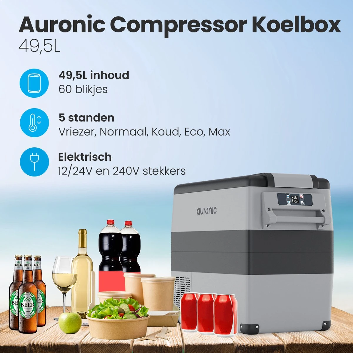 Auronic Elektrische Koelbox - 49.5L - Compressor - 12V En 240V - Grijs - Afbeelding 2
