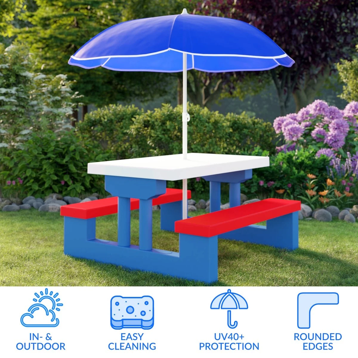 Merkloos Kinder Picknicktafel Met Parasol - Blauw - Afbeelding 2