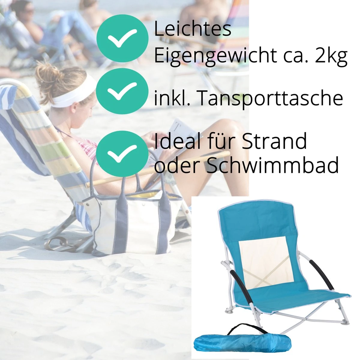 JEMIDI Lichtgewicht Inklapbare Draagbare Strandstoel - Opvouwbare Campingstoel Met Draagtas - Ademend En Comfortabel - Afbeelding 2