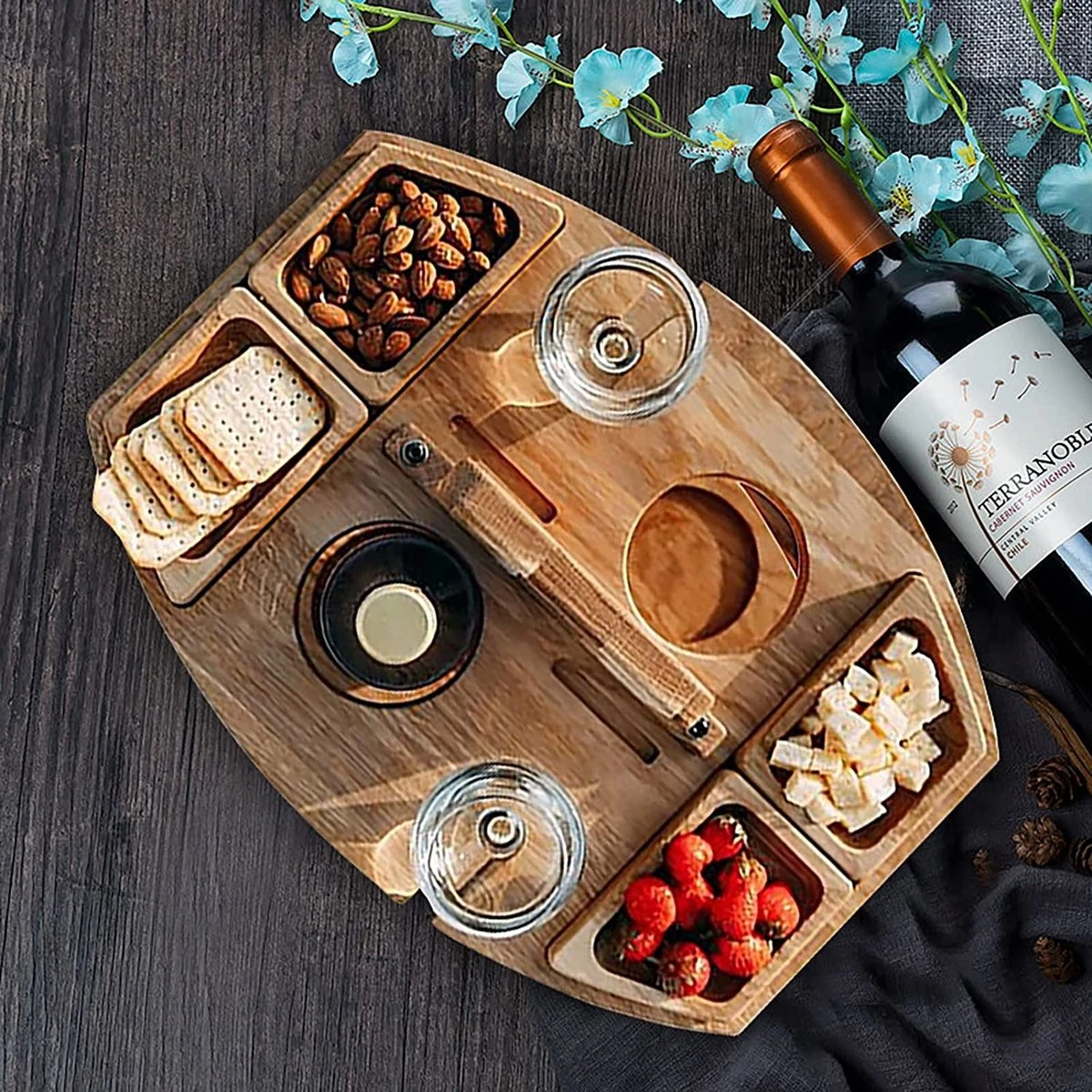 Merkloos Houten Outdoor Wijntafel Draagbare Houten Picknicktafel Mini Campingtafels Met Wijnglas Houder Voor Tuin Outdoor Camping Picknick Strand - Plataan Hout - Wijn - Afbeelding 4