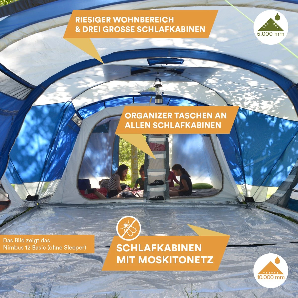 Skandika Nimbus Sleeper 12 Tent – Koepeltenten – 12 Persoons Familietent - Campingtent – Muggengaas – Sleeper Technology (3 Extra Donkere Slaapcabines) – 760 X 630 X 215 Cm (LxBxH) – 5000 Mm Waterkolom – Camping, Tuin – Kamperen – Blauw/wit - Afbeelding 8