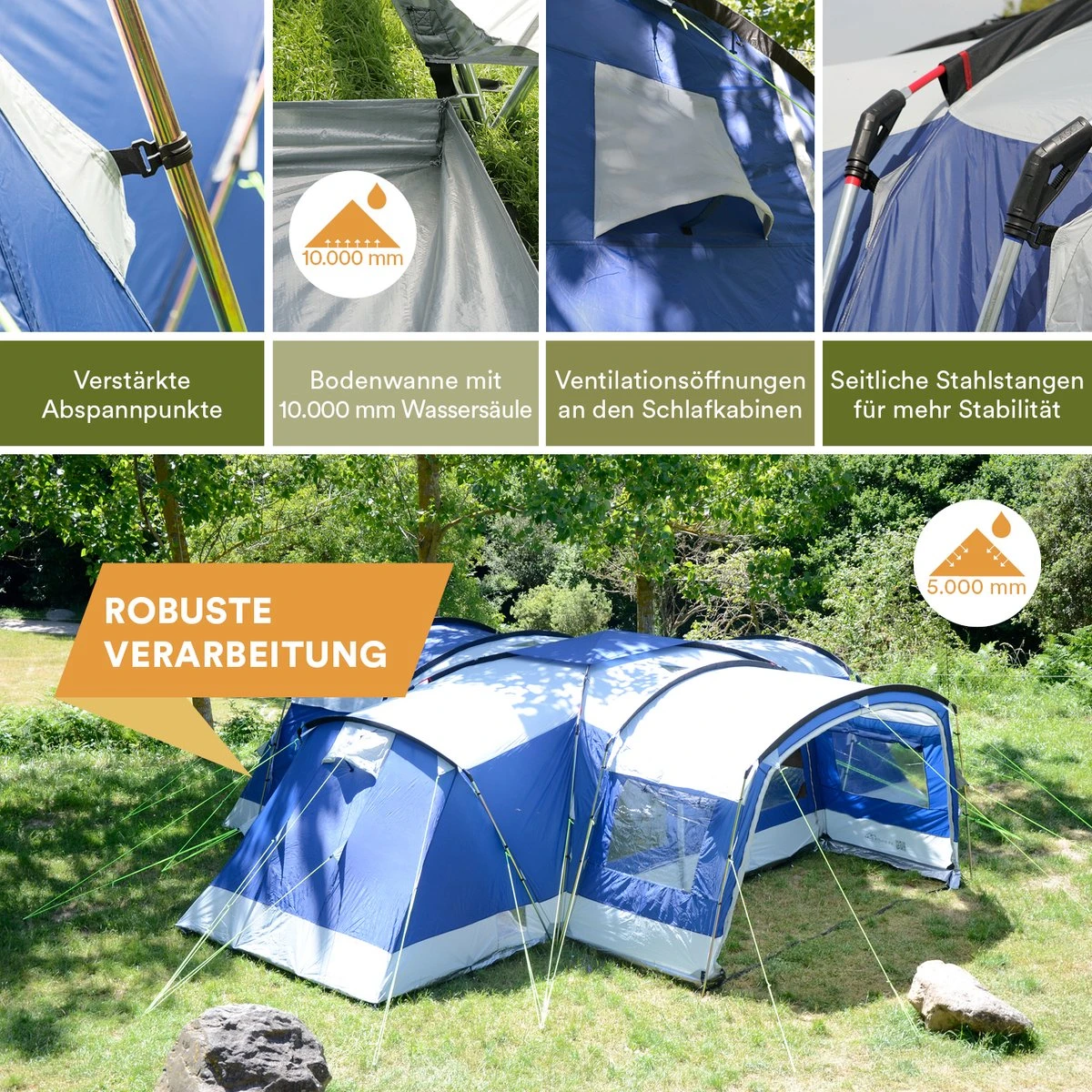 Skandika Nimbus Sleeper 12 Tent – Koepeltenten – 12 Persoons Familietent - Campingtent – Muggengaas – Sleeper Technology (3 Extra Donkere Slaapcabines) – 760 X 630 X 215 Cm (LxBxH) – 5000 Mm Waterkolom – Camping, Tuin – Kamperen – Blauw/wit - Afbeelding 9