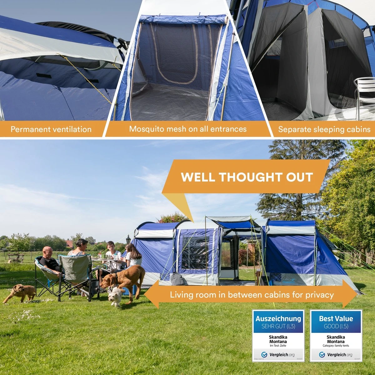 Skandika Montana 8 Tent – Tunneltenten – 8 Persoons Tent – Campingtent – 200 Cm Stahoogte – 2-4 Slaapcabines - Muggengaas – Familietent – 4 Ingangen – 700 X 310 X 200 Cm (L X B X H) - 5000 Mm Waterkolom – Outdoor, Camping – Kamperen – Blauw - Afbeelding 9