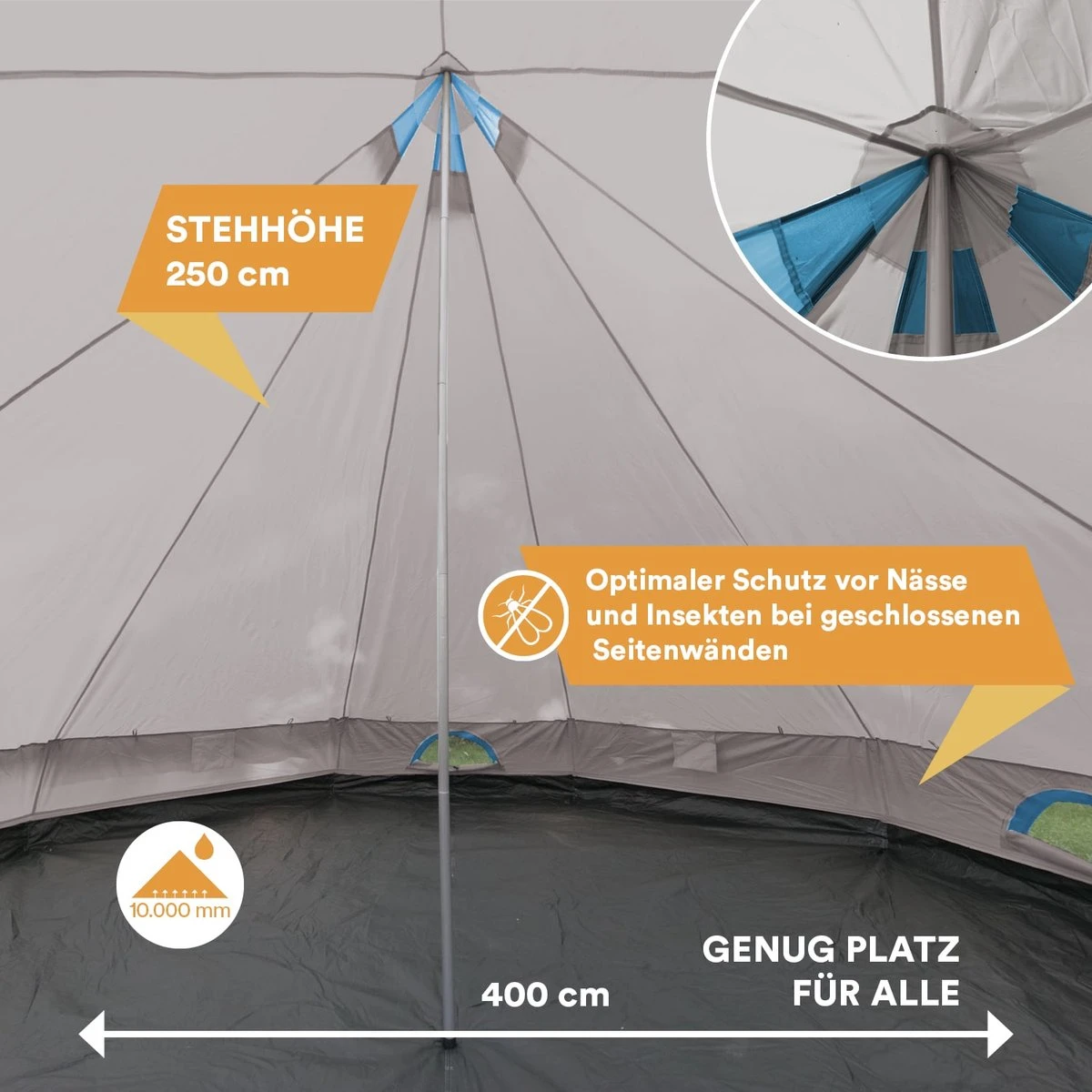 Skandika Tipii II Tent – Tipi-tenten – Teepee – 8 Persoons Campingtent – Muggengaas – 250 Cm Stahoogte – Uitneembare Tentvloer – 3000 Mm Waterkolom – Indische Tent, Partytent, Festivaltent – Outdoor, Camping, Tuin – Kamperen – Grijs/turquoise - Afbeelding 5