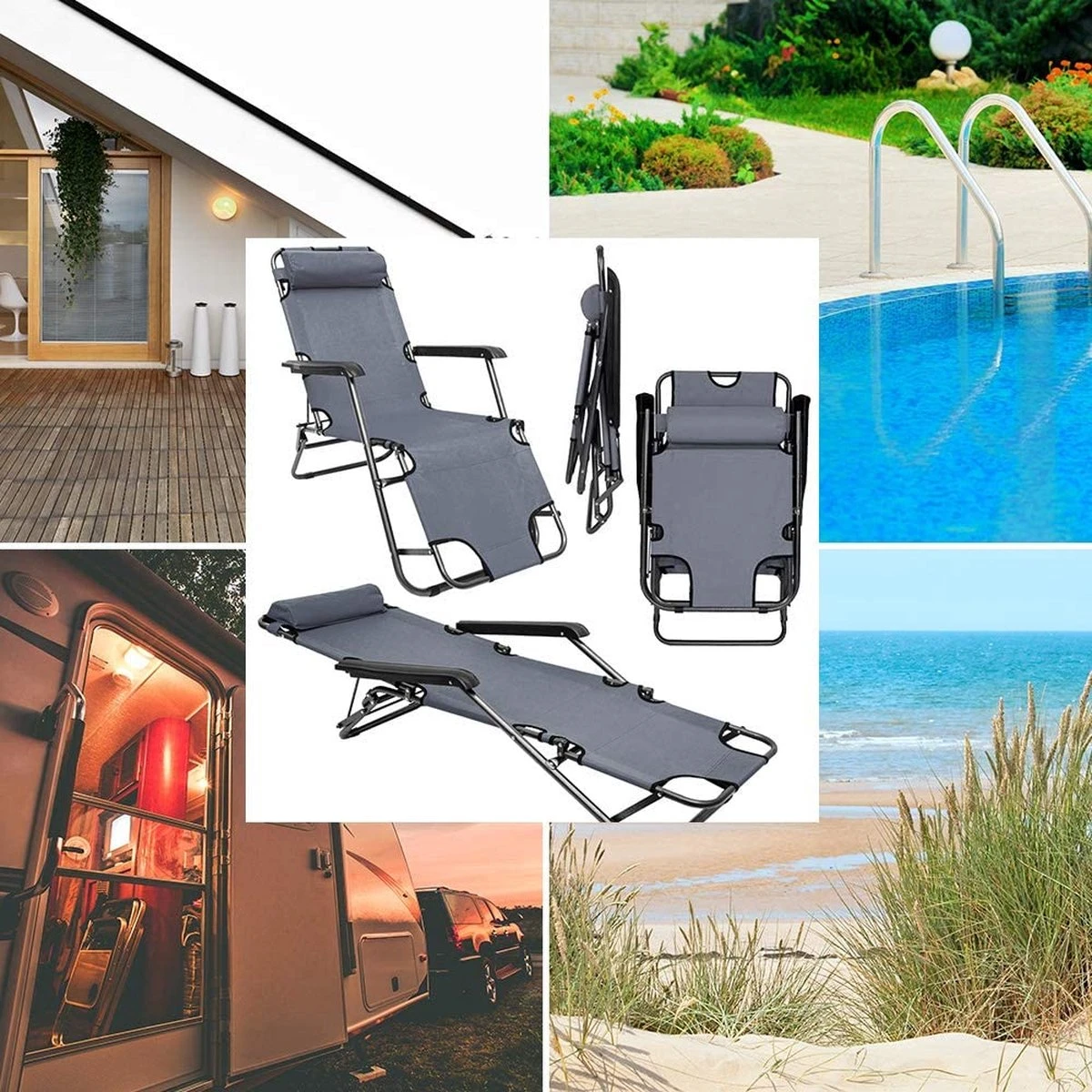 Ligstoel Opvouwbaar 155x60cm - Lichte Ligbed Relaxstoel Tuinstoel Campingstoel Strandstoel - Afbeelding 13